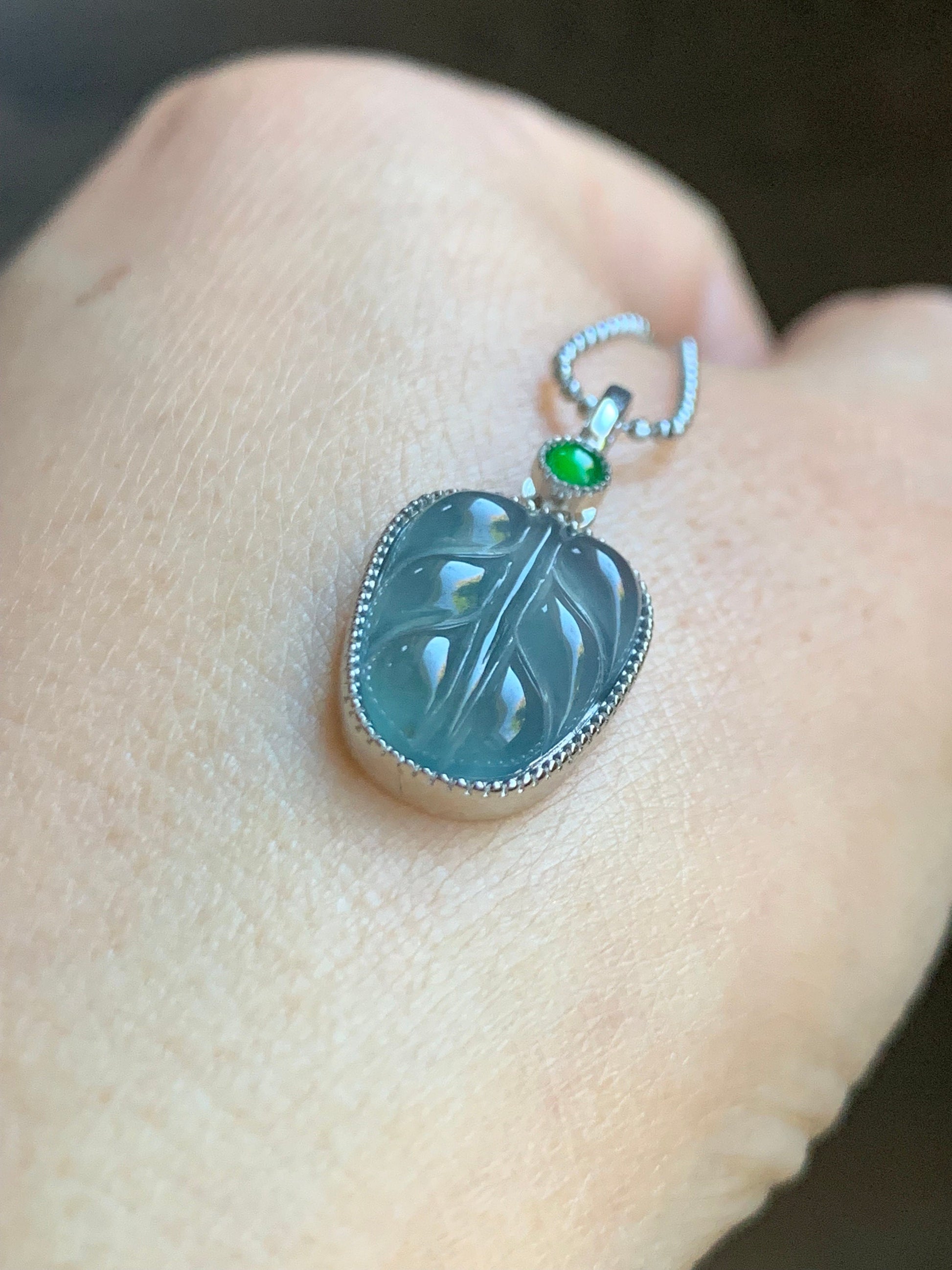 Natural Guatemalan Icy Highly Translucent Light Dusty Blue & Vibrant Green Jadeite Leaf Pendant Sterling Silver 天然冰蓝翡翠大叶有成镶嵌吊坠