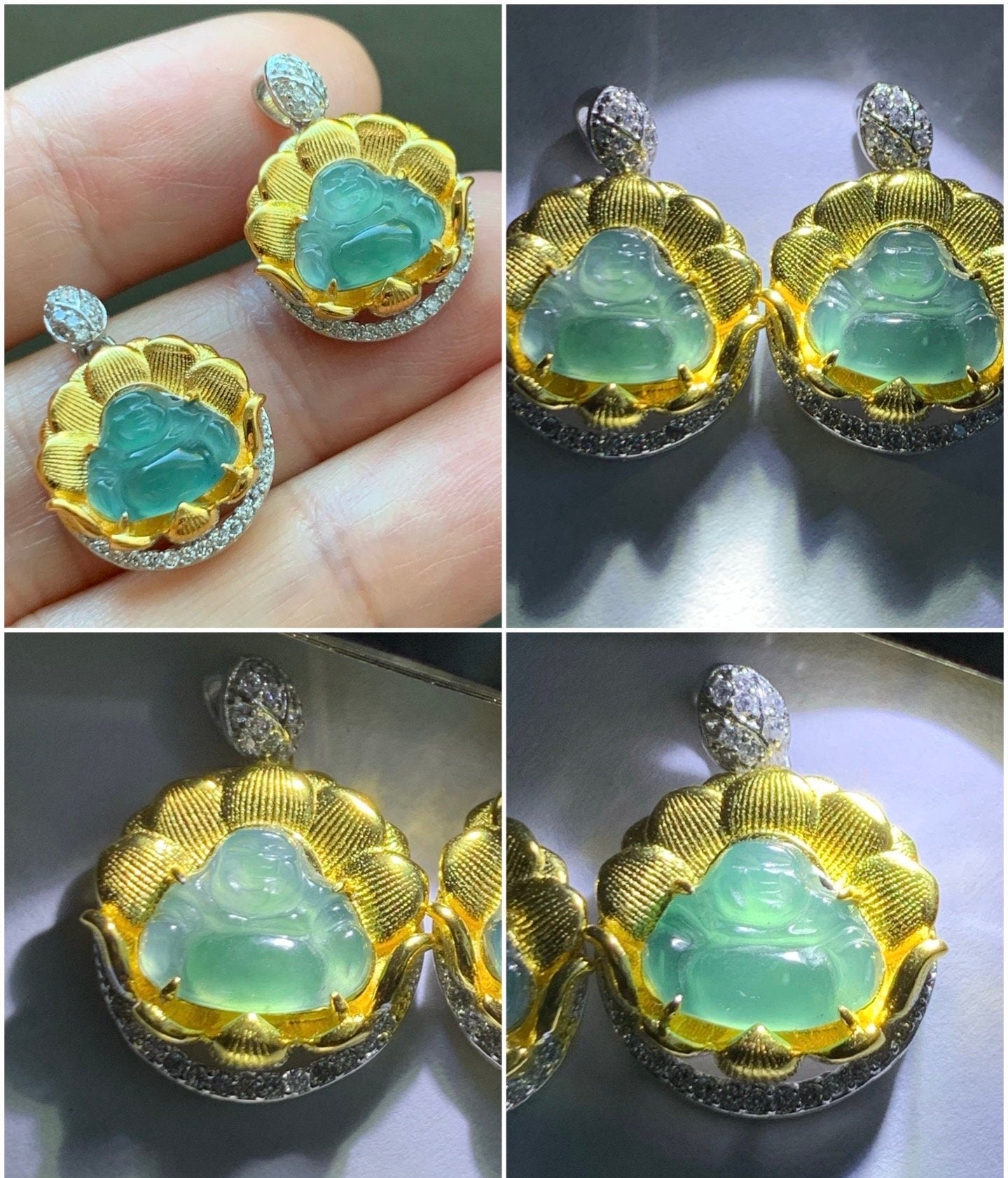 Petite Natural Guatemalan Premium Icy Highly Translucent Teal Blue Jadeite Buddha Pendant Two-Tone Sterling Silver 天然高冰危蓝翡翠小佛公银镶吊坠