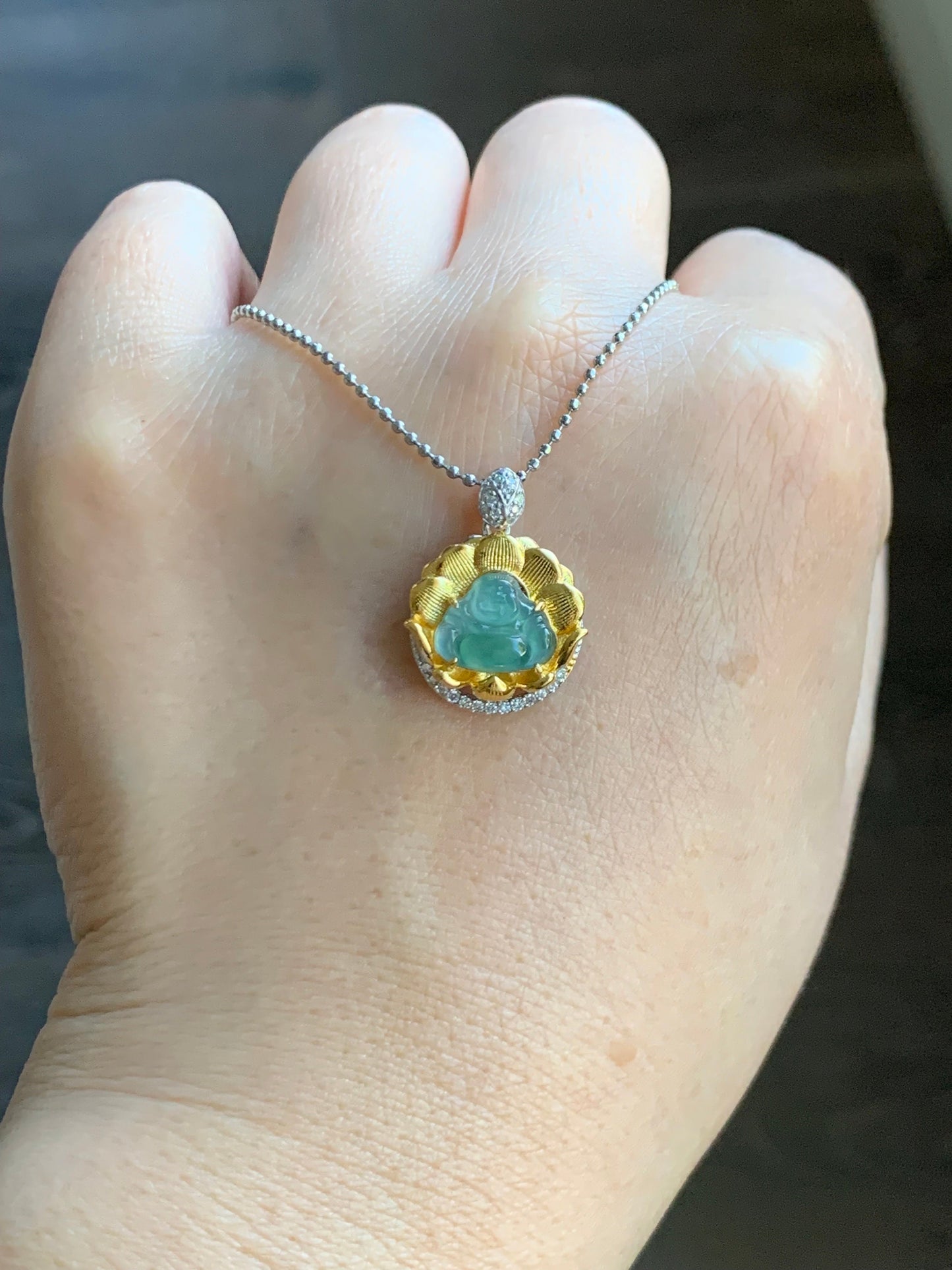 Petite Natural Guatemalan Premium Icy Highly Translucent Teal Blue Jadeite Buddha Pendant Two-Tone Sterling Silver 天然高冰危蓝翡翠小佛公银镶吊坠