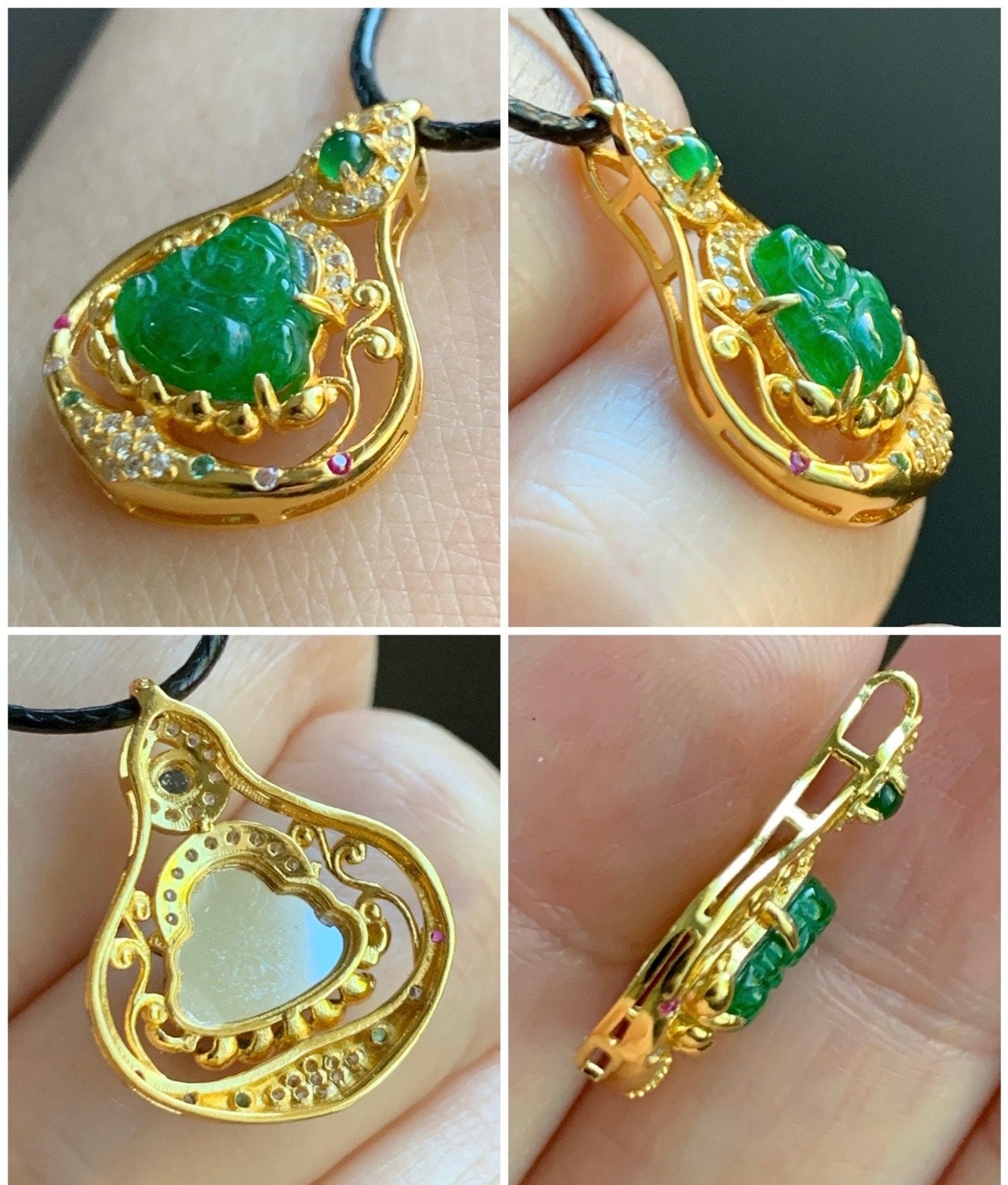 Natural Guatemalan Icy Translucent Vibrant Green Jadeite Carved Buddha Pendant Sterling Silver Yellow Gold Finish 天然冰危阳绿翡翠佛公镶嵌吊坠