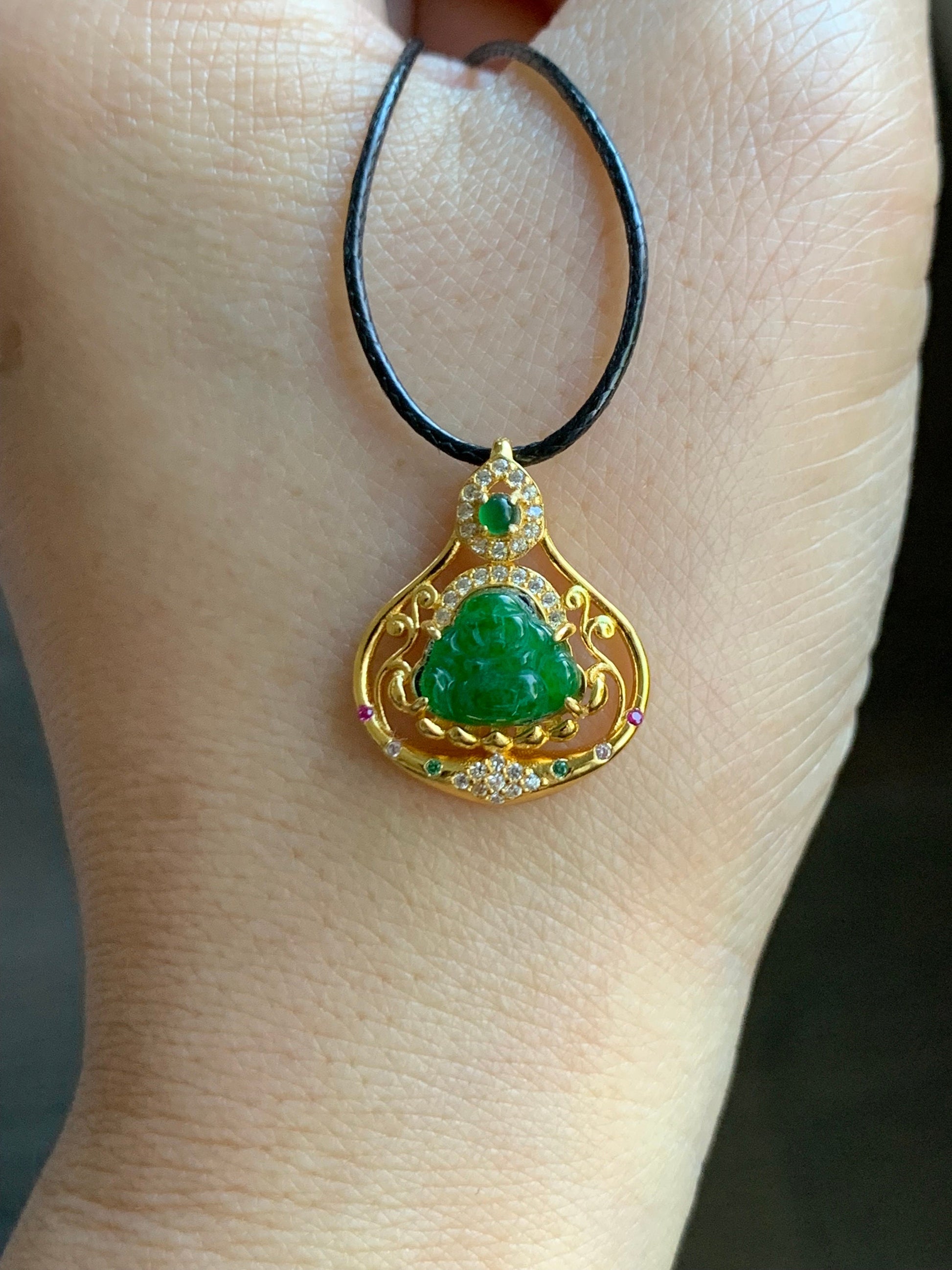 Natural Guatemalan Icy Translucent Vibrant Green Jadeite Carved Buddha Pendant Sterling Silver Yellow Gold Finish 天然冰危阳绿翡翠佛公镶嵌吊坠