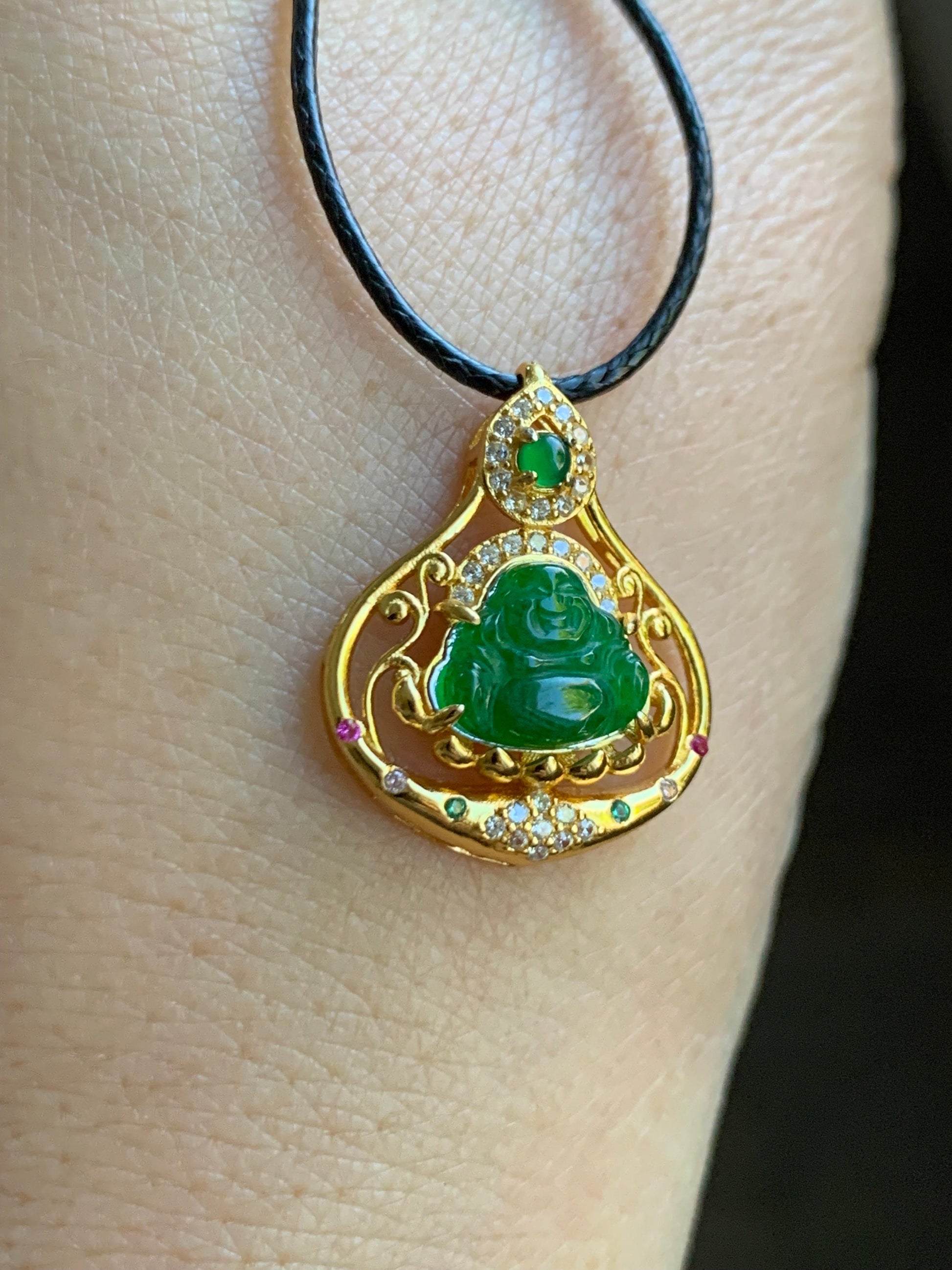 Natural Guatemalan Icy Translucent Vibrant Green Jadeite Carved Buddha Pendant Sterling Silver Yellow Gold Finish 天然冰危阳绿翡翠佛公镶嵌吊坠
