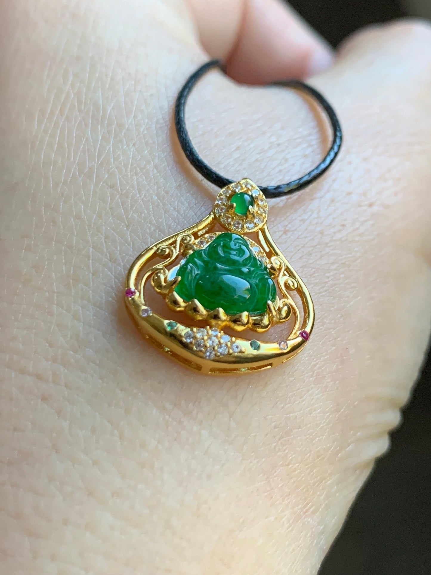 Natural Guatemalan Icy Translucent Vibrant Green Jadeite Carved Buddha Pendant Sterling Silver Yellow Gold Finish 天然冰危阳绿翡翠佛公镶嵌吊坠