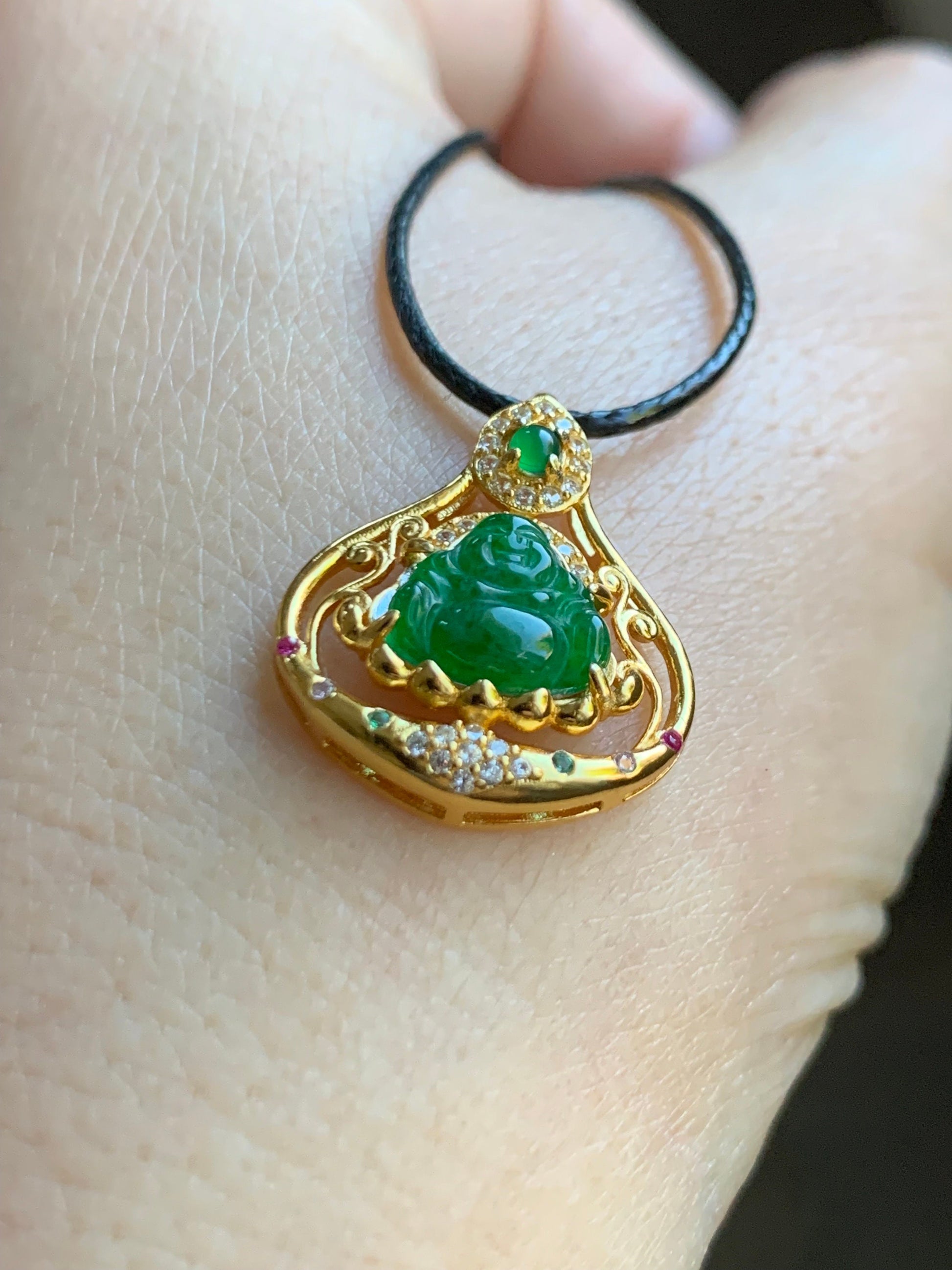 Natural Guatemalan Icy Translucent Vibrant Green Jadeite Carved Buddha Pendant Sterling Silver Yellow Gold Finish 天然冰危阳绿翡翠佛公镶嵌吊坠