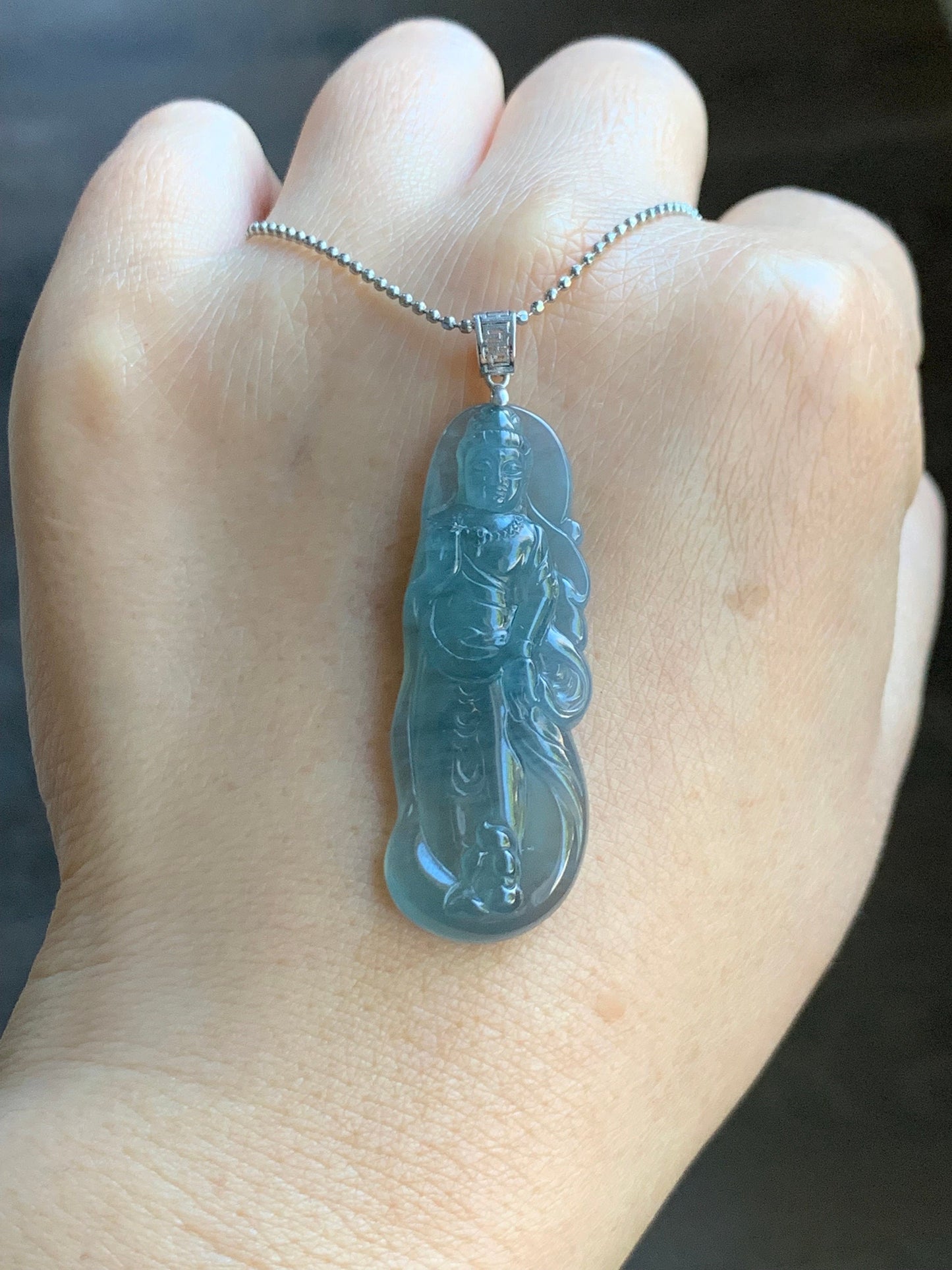 Natural Guatemalan Icy Highly Translucent Gelatinous Blue Jadeite Guanyin Pendant 18K White Gold Bail 天然冰胶危蓝翡翠观音镶嵌吊坠