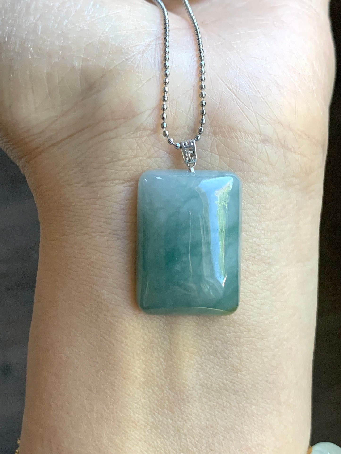 Natural Burmese Icy Translucent Sky Blue Jadeite Rectangle Pendant 18ＫWhite Gold 8g 天然缅甸糯冰天空蓝翡翠牌镶嵌吊坠