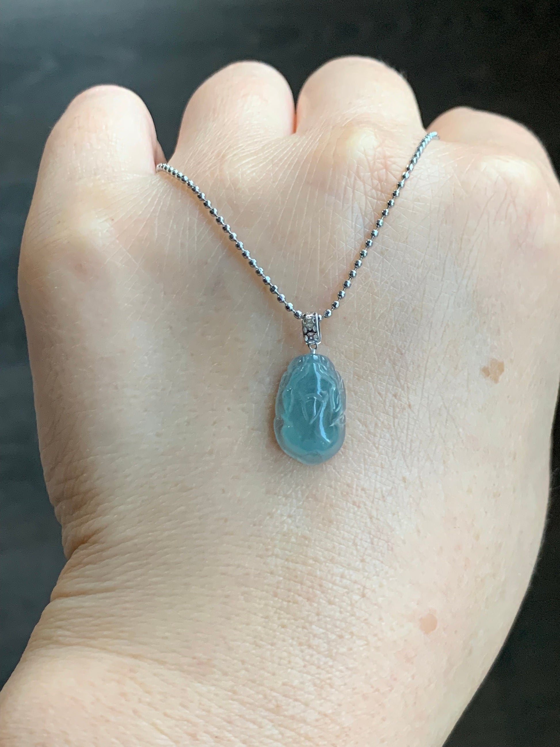 Natural Guatemalan Icy highly Translucent Gelatinous Light Blue Jadeite Pudgy Pixiu Pendant 18K White Gold Bail 天然老种冰危蓝起胶翡翠貔貅K金吊坠 XX117