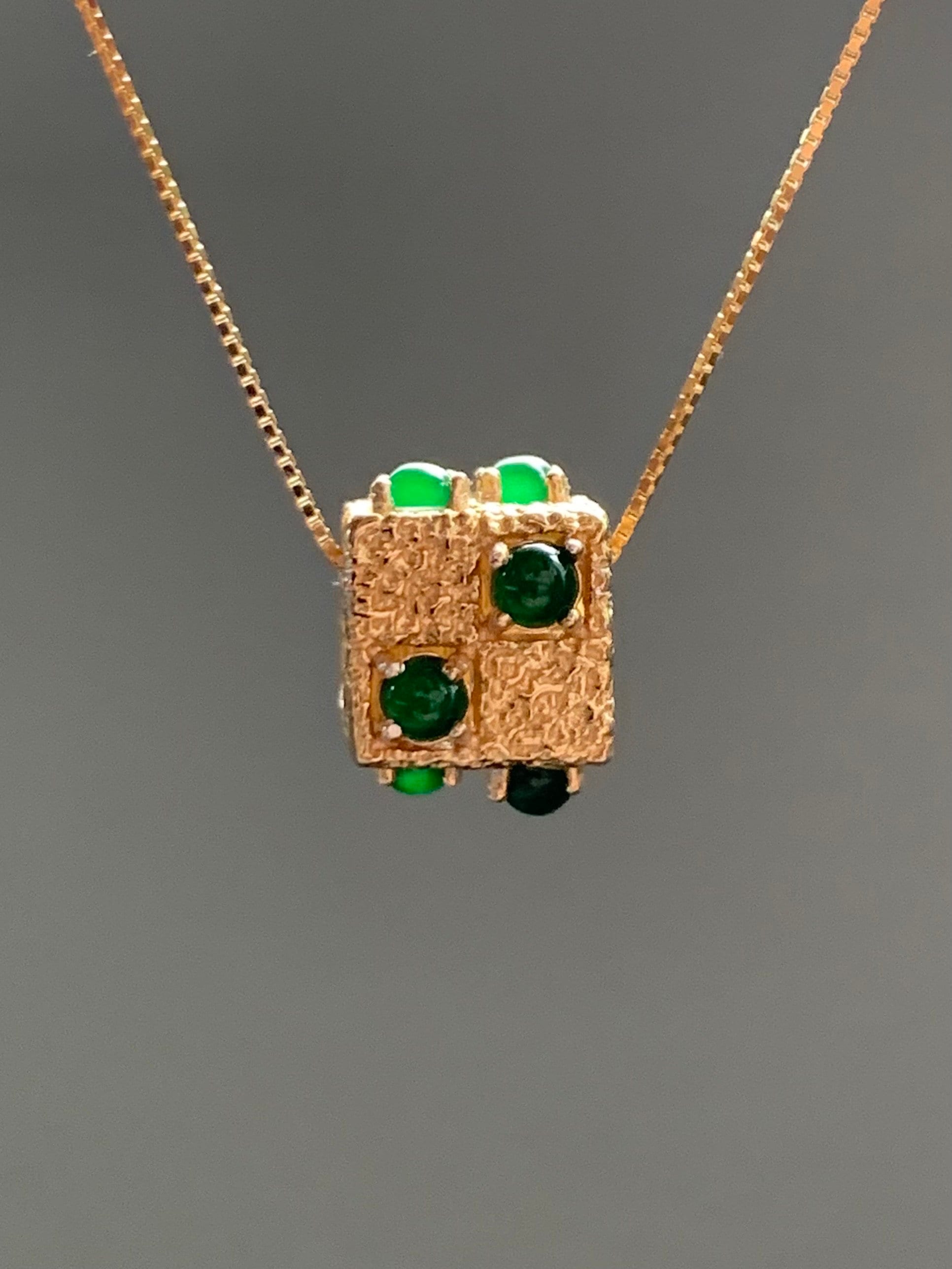 Natural Guatemalan Icy Highly Translucent Vibrant Green Jadeite Cube Pendant Necklace Sterling Silver YG Finish 16.5” 天然高冰危绿翡翠方块银镶锁骨链套链