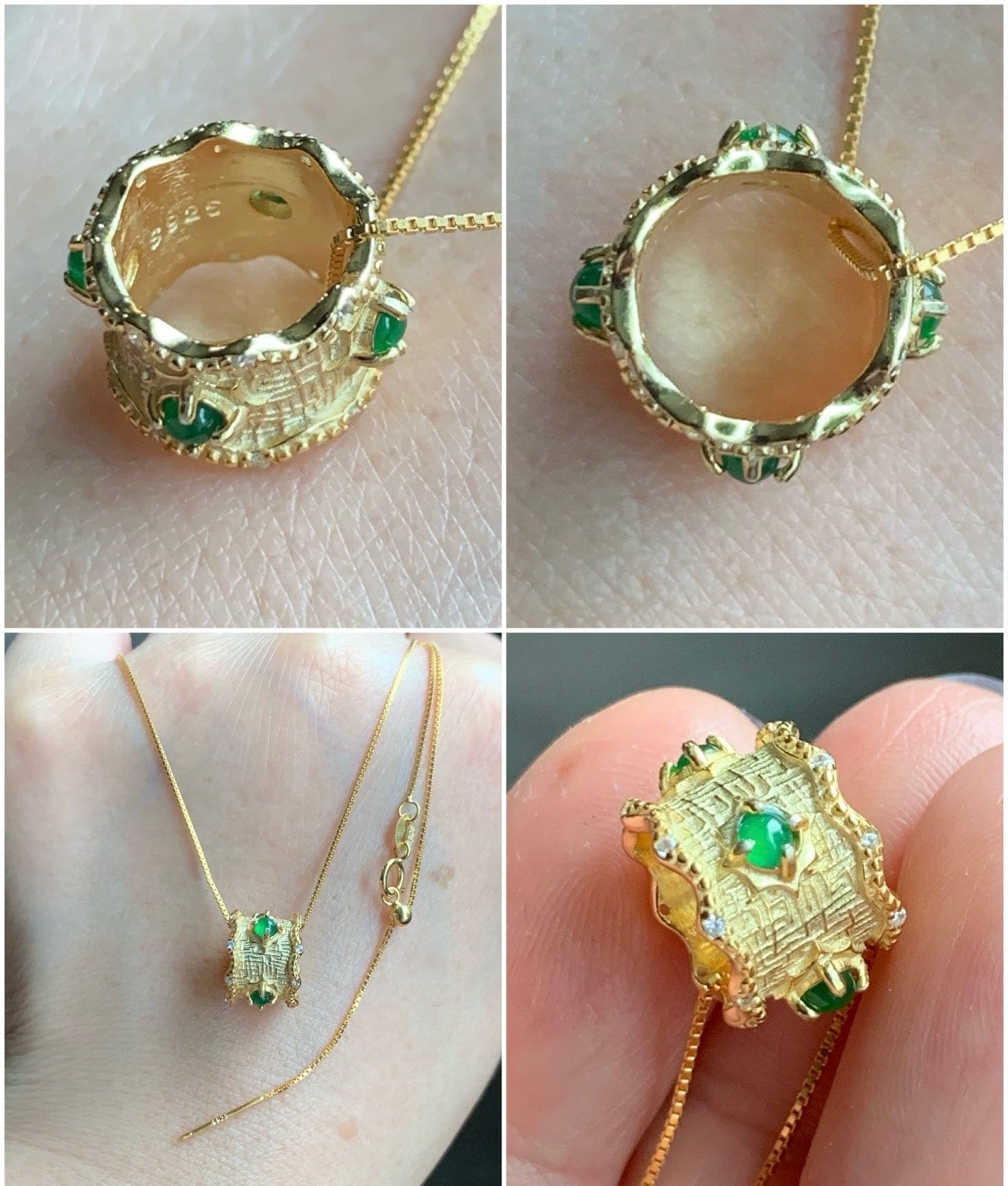Natural Guatemalan Icy Highly Translucent Vibrant Green Jadeite Circle Pendant Necklace Sterling Silver YG Finish 16.5” 天然高冰危绿翡翠圆圈银镶锁骨链套链