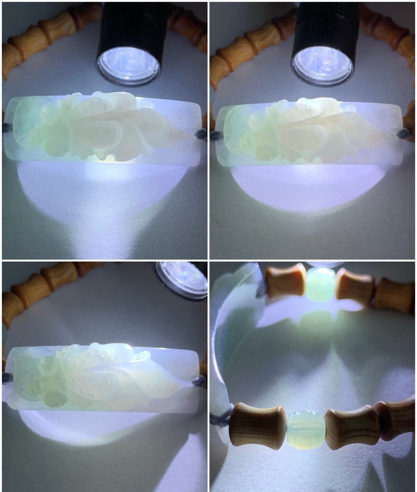 Natural Burmese Icy Translucent Light Purple Green Marbled Jadeite Carved Goldfish YaBai Bamboo Beads Bracelet 6.5” 天然缅甸冰胶淡春彩翡翠金鱼手牌崖柏木珠手串