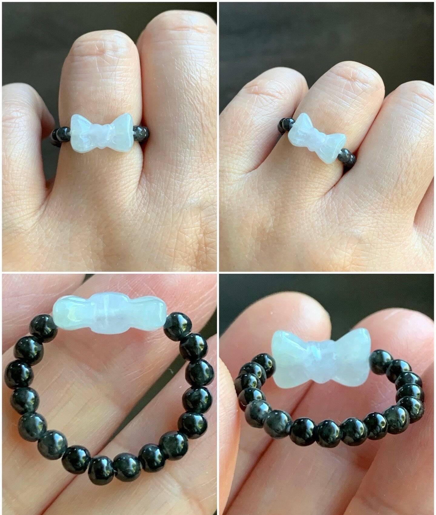 Natural Burmese Icy Translucent Gelatinous White Jadeite Bow Dark Wuji Jadeite Petite Beads Beaded Ring Stretchy 天然缅甸白冰起光翡翠蝴蝶结乌鸡翡翠戒圈