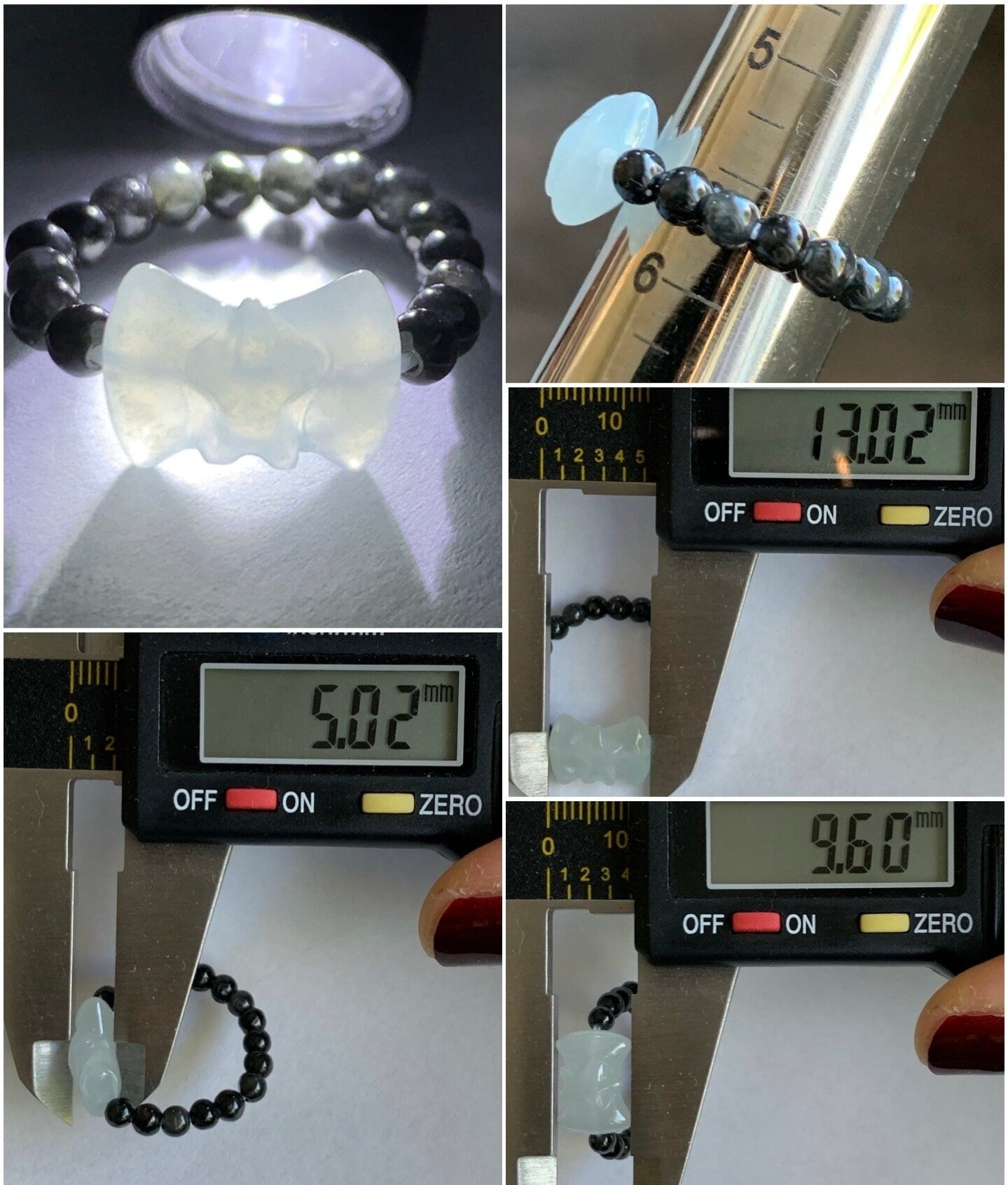 Natural Burmese Icy Translucent Gelatinous White Jadeite Bow Dark Wuji Jadeite Petite Beads Beaded Ring Stretchy 天然缅甸白冰起光翡翠蝴蝶结乌鸡翡翠戒圈