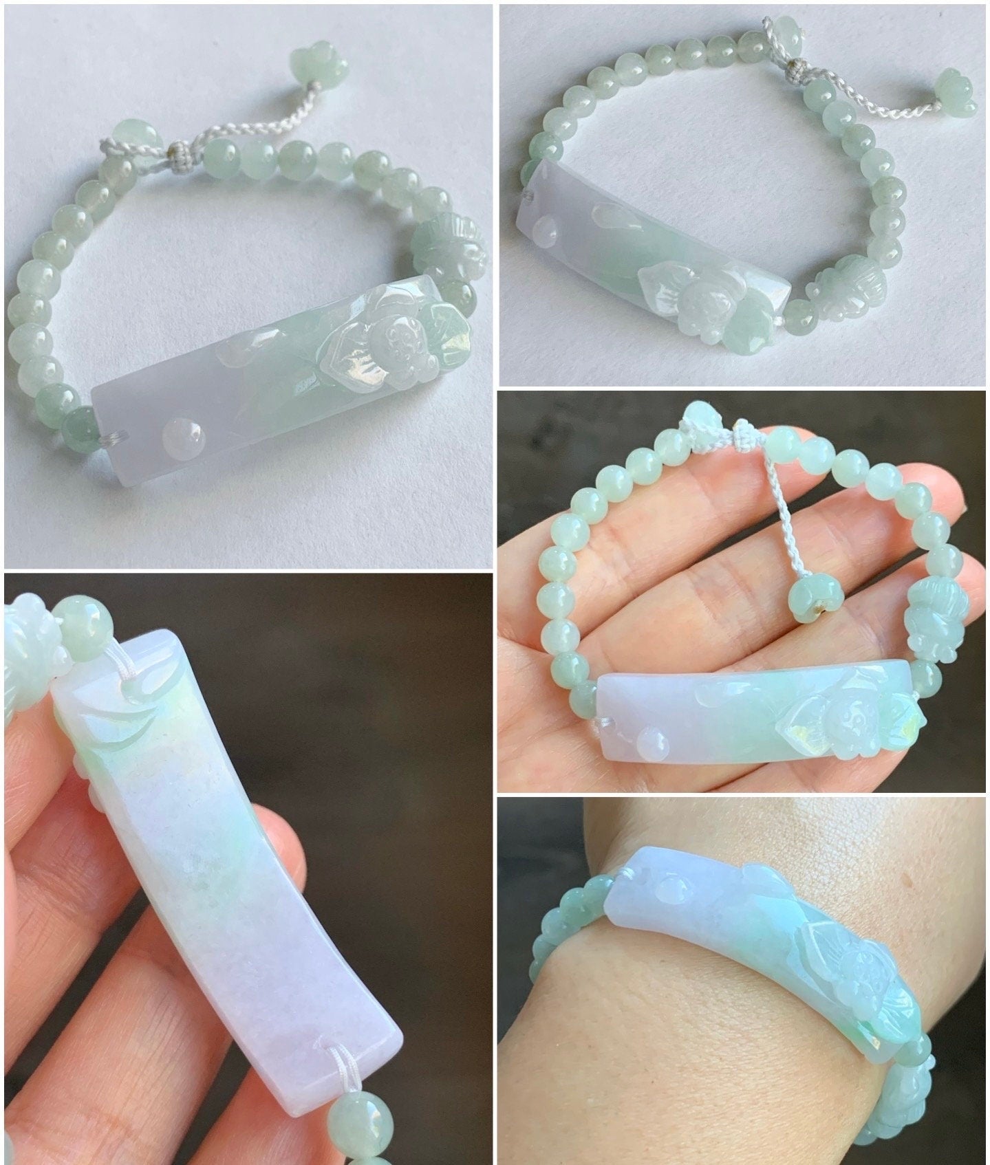 Natural Burmese Grade A Icy Translucent Light Purple & Green Jadeite Spring Color Lotus Flower Beaded Bracelet Adjustable 天然缅甸冰春彩翡翠莲花手牌手串