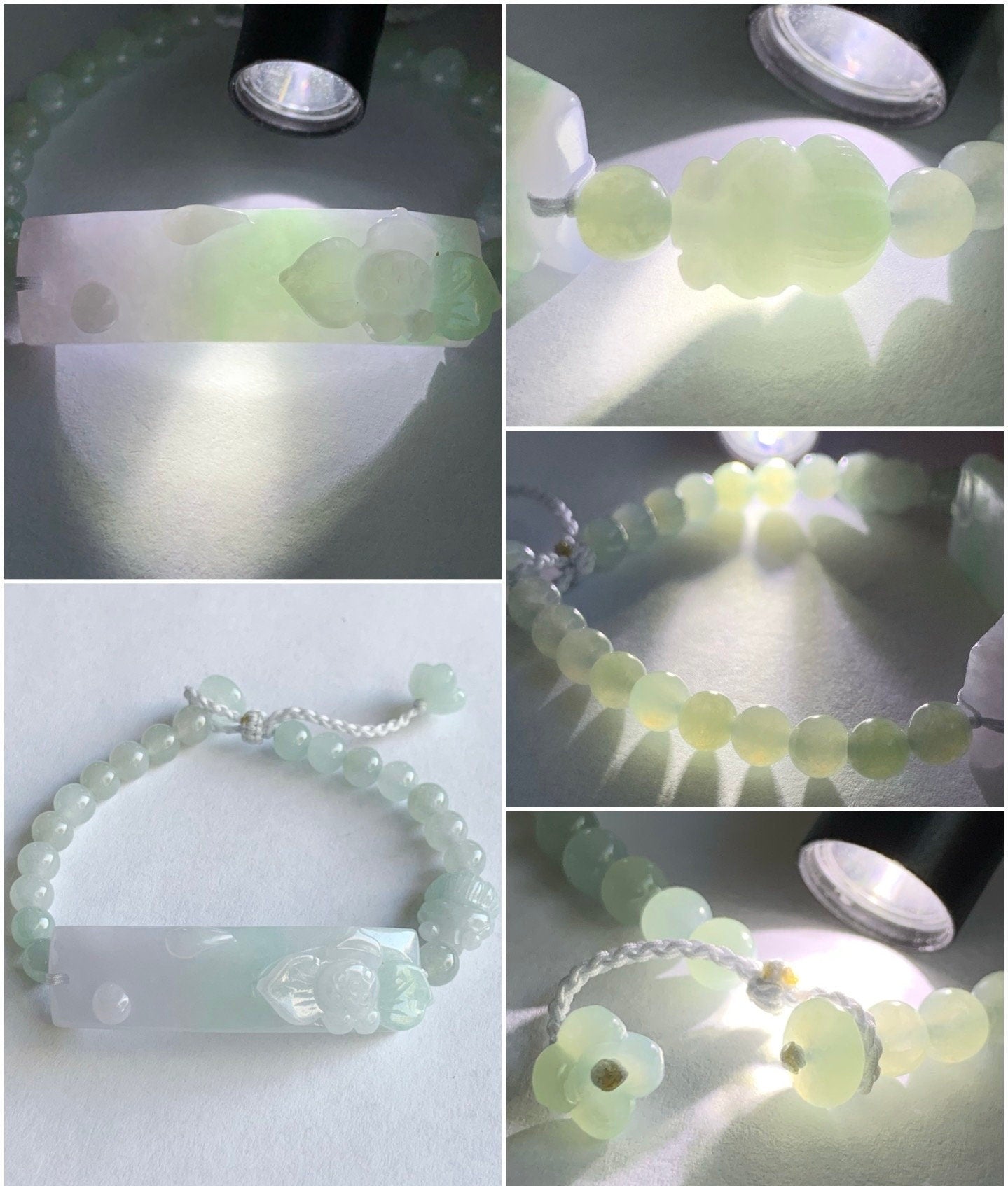 Natural Burmese Grade A Icy Translucent Light Purple & Green Jadeite Spring Color Lotus Flower Beaded Bracelet Adjustable 天然缅甸冰春彩翡翠莲花手牌手串