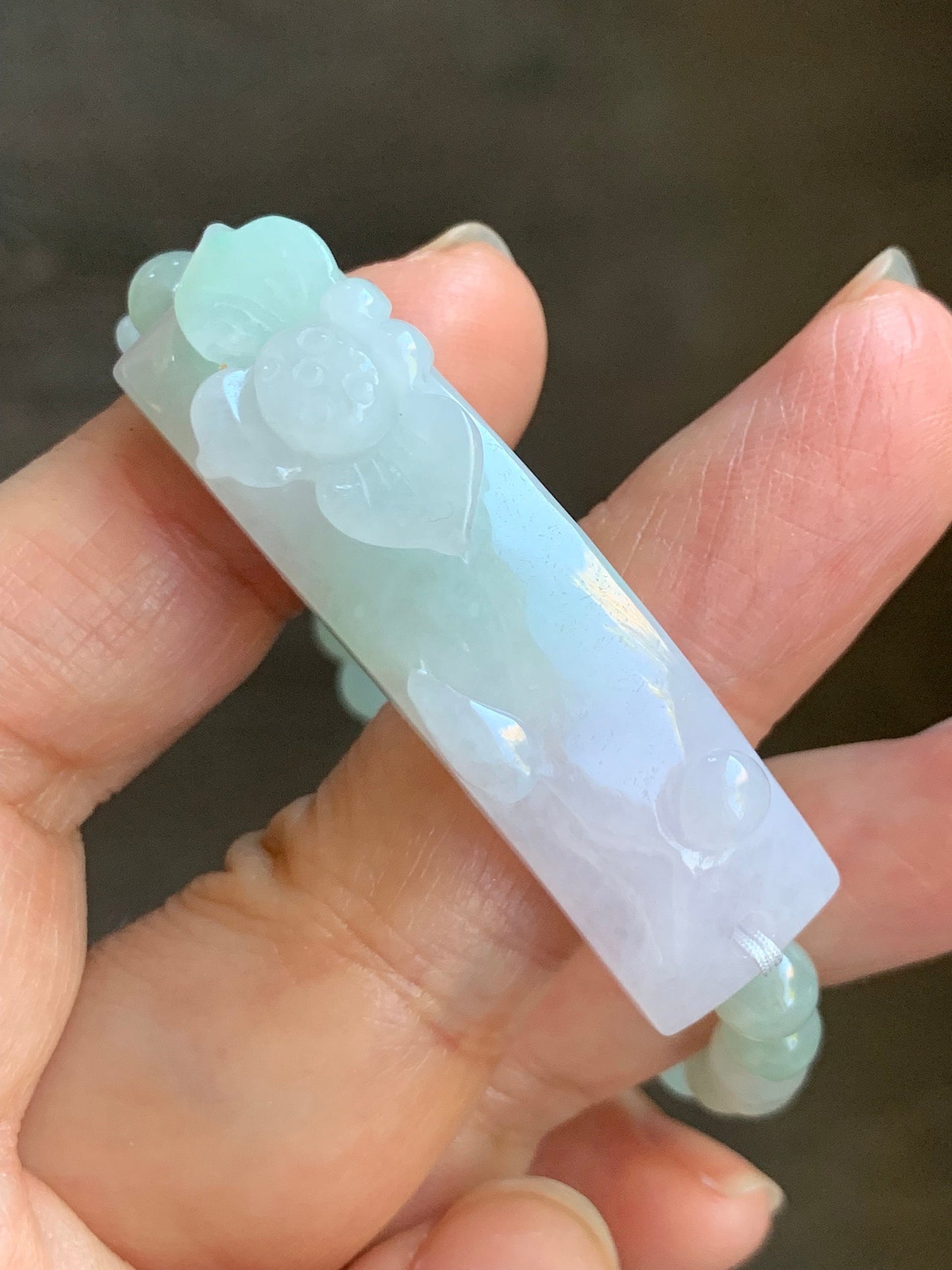 Natural Burmese Grade A Icy Translucent Light Purple & Green Jadeite Spring Color Lotus Flower Beaded Bracelet Adjustable 天然缅甸冰春彩翡翠莲花手牌手串