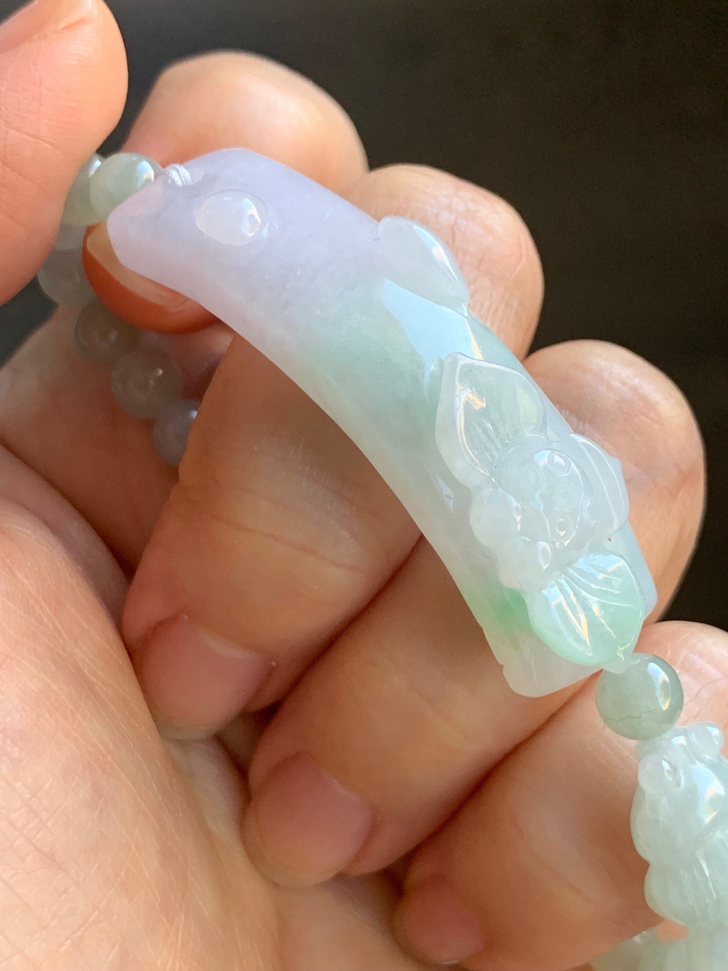 Natural Burmese Grade A Icy Translucent Light Purple & Green Jadeite Spring Color Lotus Flower Beaded Bracelet Adjustable 天然缅甸冰春彩翡翠莲花手牌手串