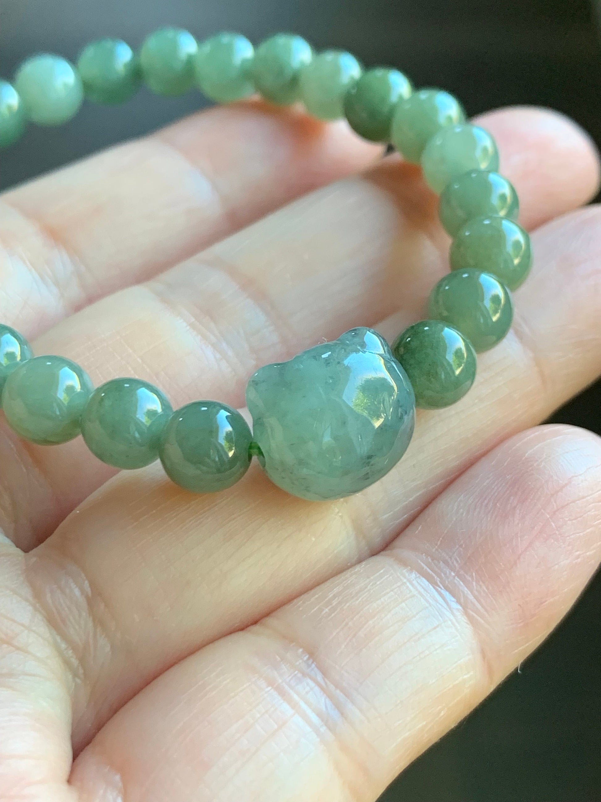 Natural Burmese Icy Translucent Gelatinous Olive Green Jadeite Beads Green Wuji Teddy Bear Beaded Bracelet 6.25” 天然缅甸冰胶油晴翡翠圆珠绿乌鸡小熊手串