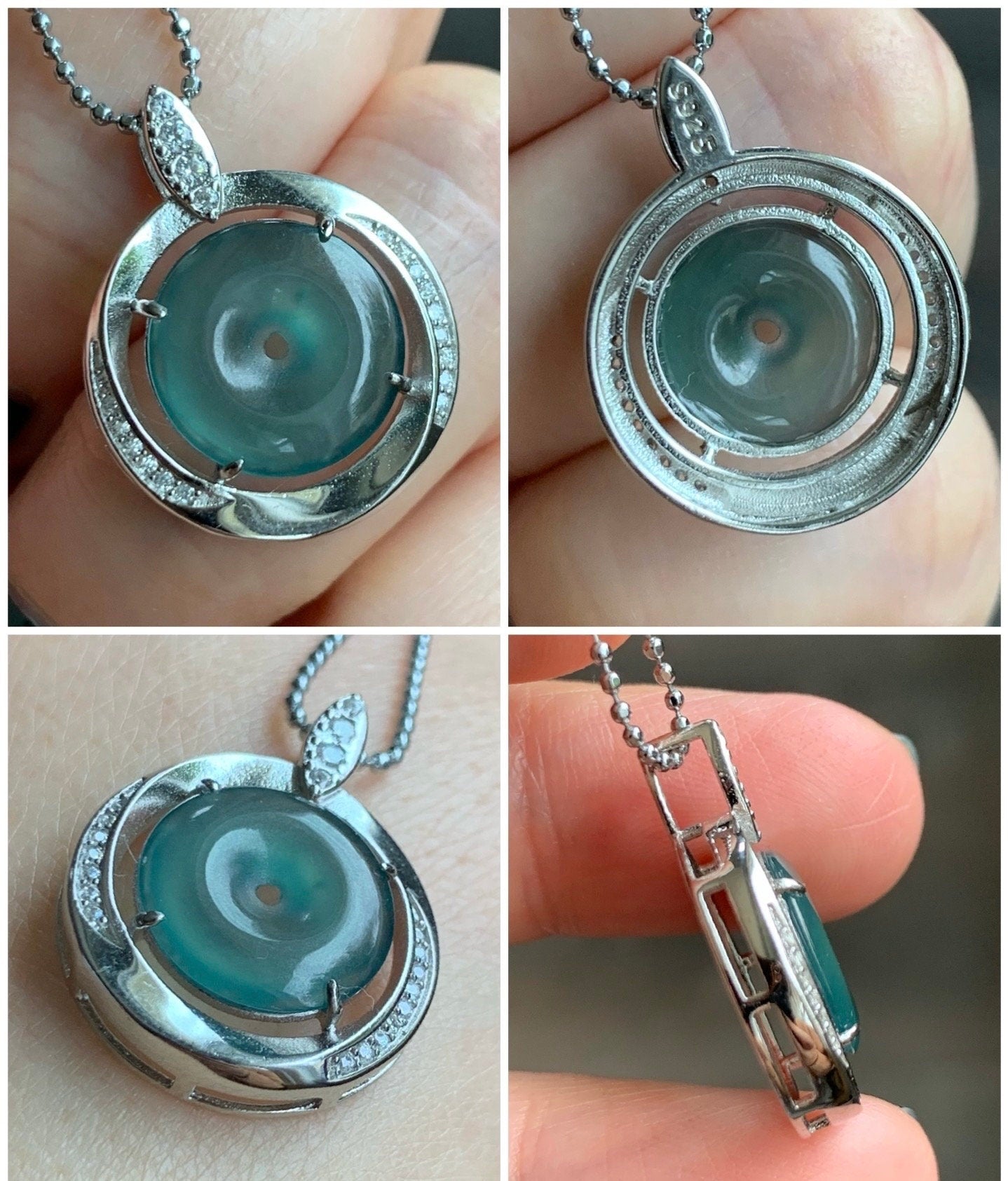 Natural Guatemalan Icy Translucent Teal Blue Jadeite Mini Ping An Kou Donut Pendant S925 Sterling Silver 天然冰危蓝翡翠迷你平安扣银镶吊坠