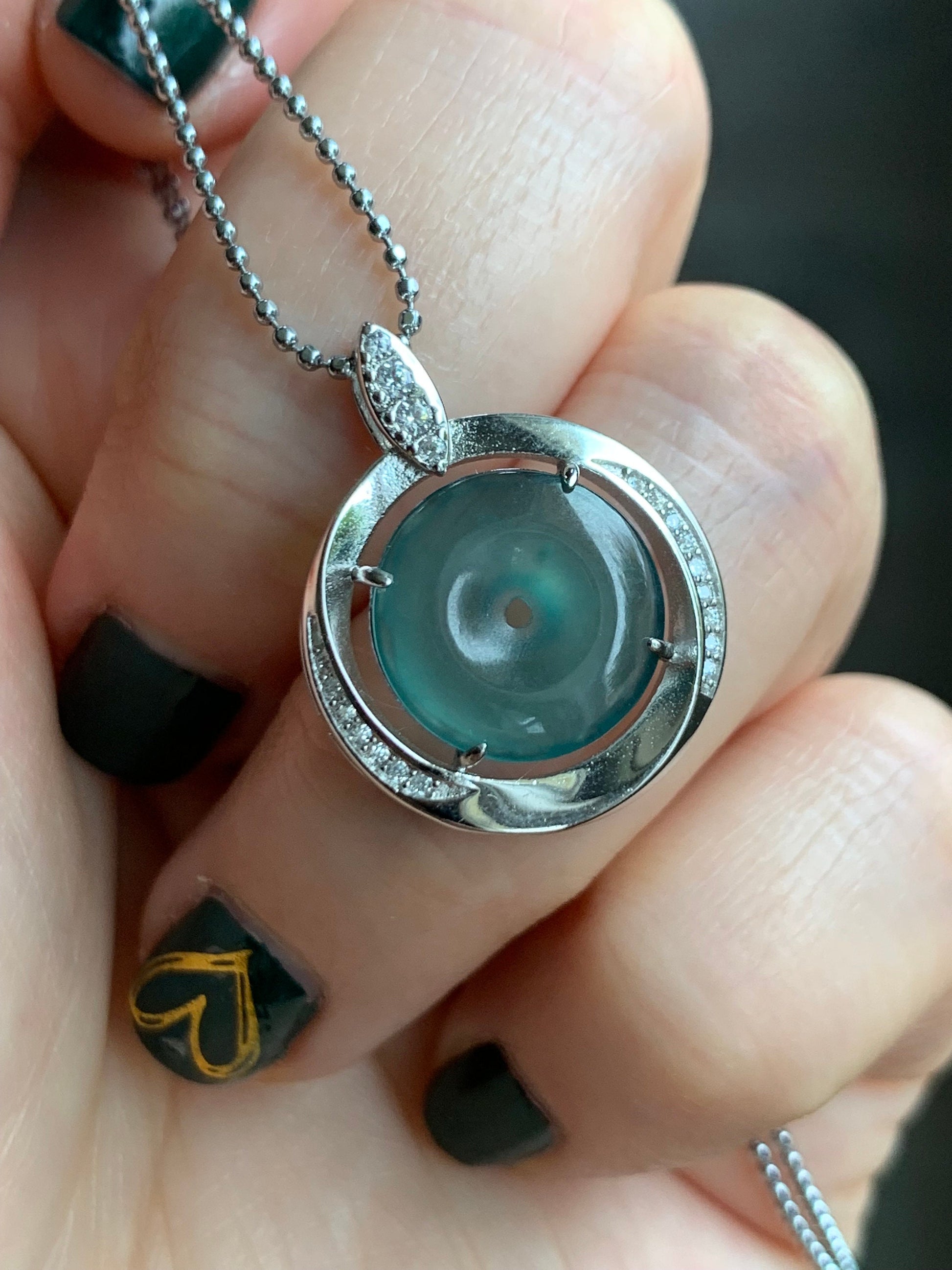 Natural Guatemalan Icy Translucent Teal Blue Jadeite Mini Ping An Kou Donut Pendant S925 Sterling Silver 天然冰危蓝翡翠迷你平安扣银镶吊坠