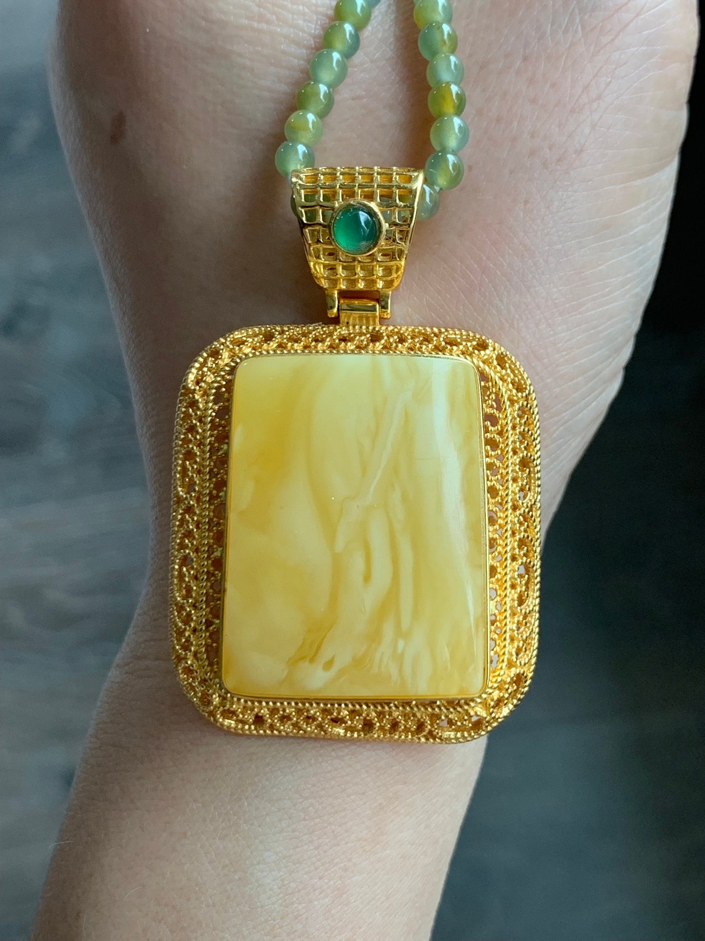 Certified Natural Large Rectangle Fossilized Tree Resin Beewax Teardrop Icy Green Jadeite Pendant Sterling Silver 21.7g 天然长方形冰危绿翡翠顶珠重银镶吊坠