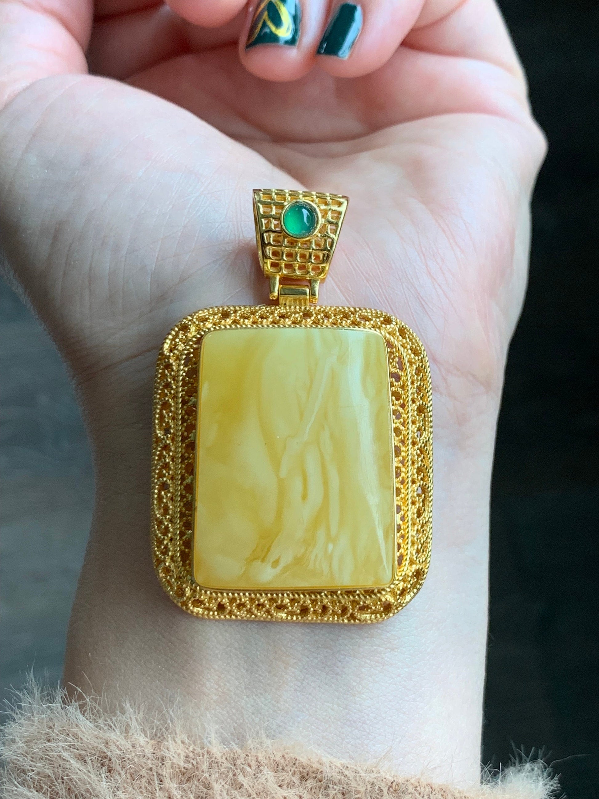 Certified Natural Large Rectangle Fossilized Tree Resin Beewax Teardrop Icy Green Jadeite Pendant Sterling Silver 21.7g 天然长方形冰危绿翡翠顶珠重银镶吊坠