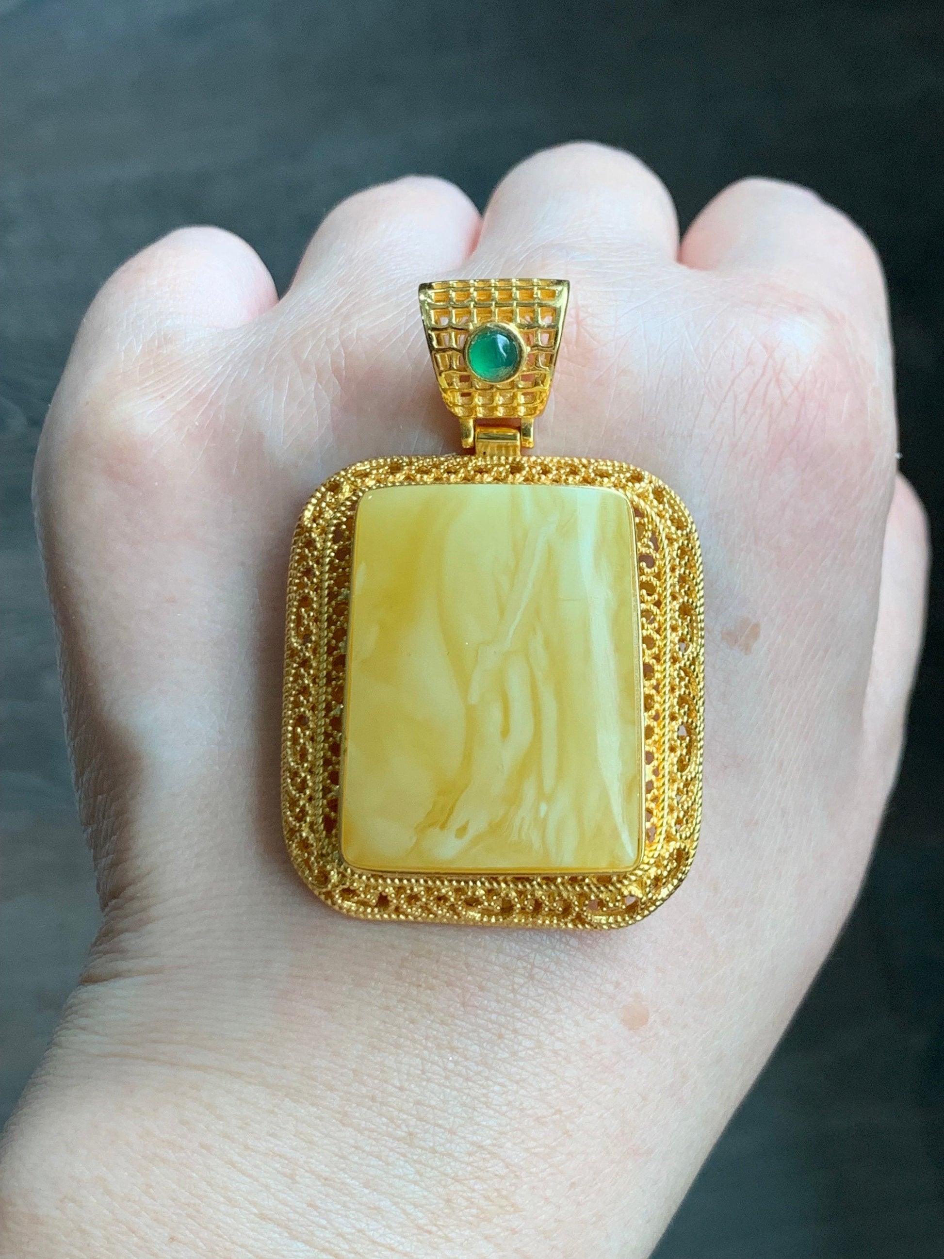 Certified Natural Large Rectangle Fossilized Tree Resin Beewax Teardrop Icy Green Jadeite Pendant Sterling Silver 21.7g 天然长方形冰危绿翡翠顶珠重银镶吊坠