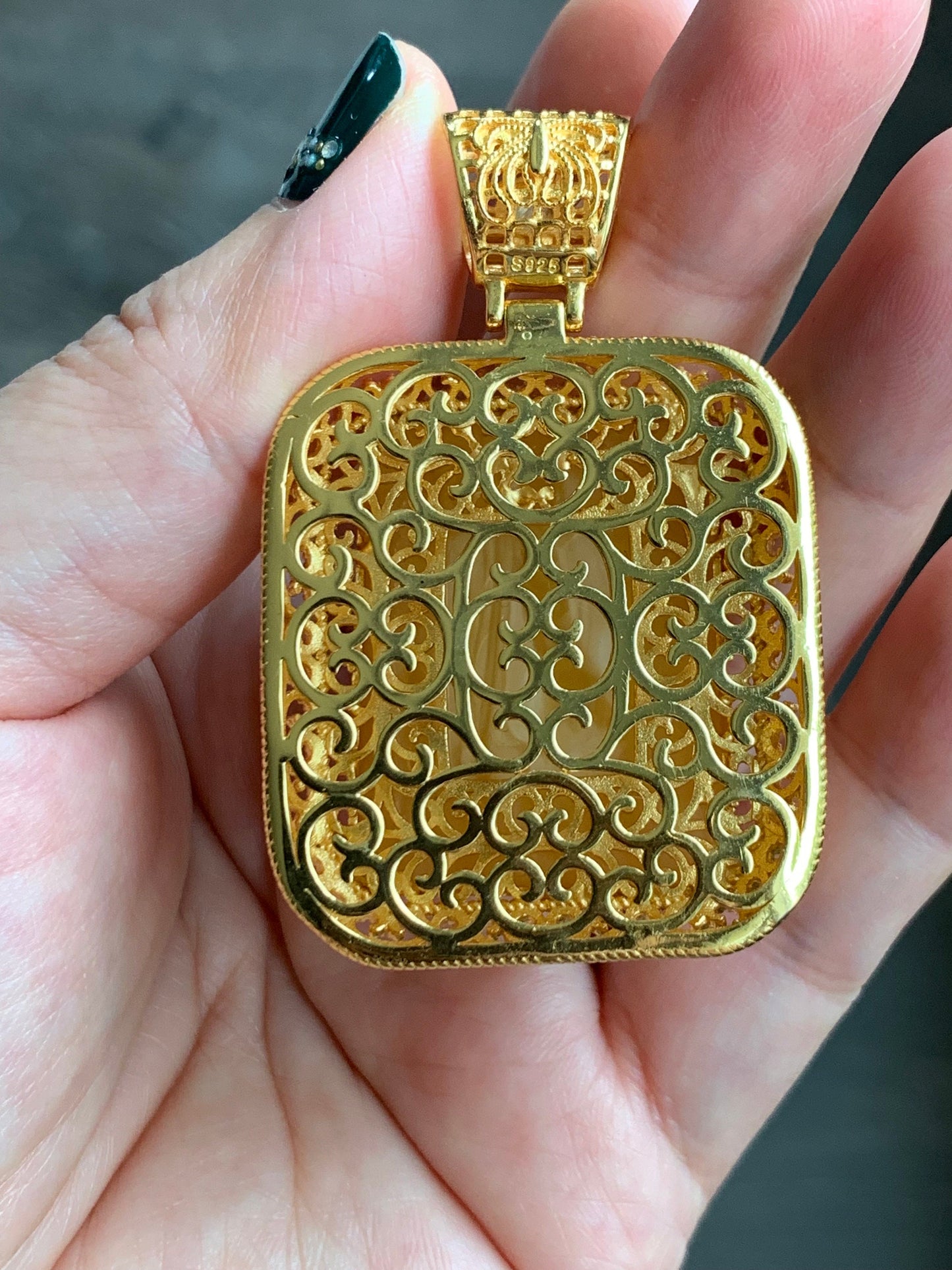 Certified Natural Large Rectangle Fossilized Tree Resin Beewax Teardrop Icy Green Jadeite Pendant Sterling Silver 21.7g 天然长方形冰危绿翡翠顶珠重银镶吊坠