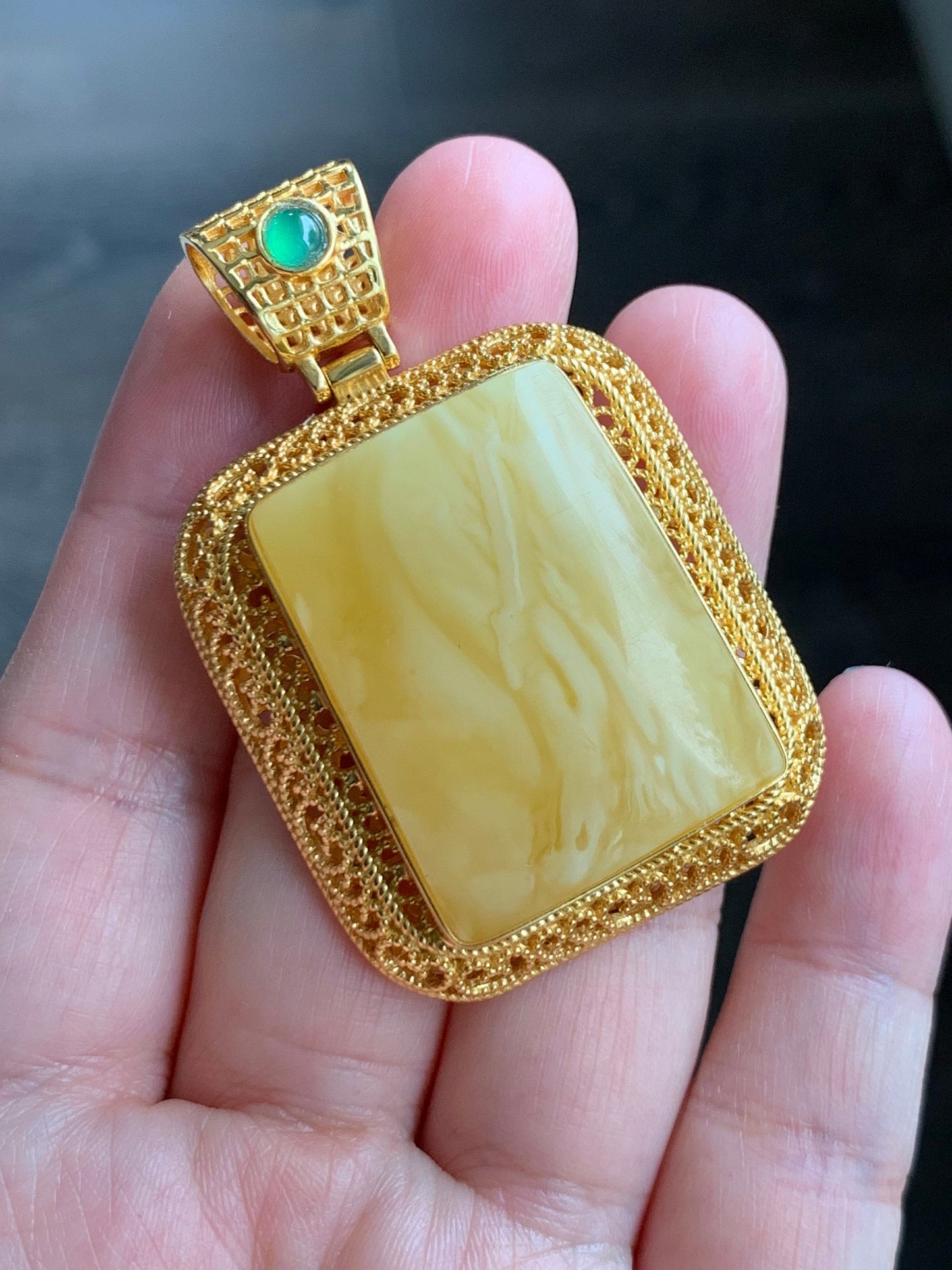 Certified Natural Large Rectangle Fossilized Tree Resin Beewax Teardrop Icy Green Jadeite Pendant Sterling Silver 21.7g 天然长方形冰危绿翡翠顶珠重银镶吊坠