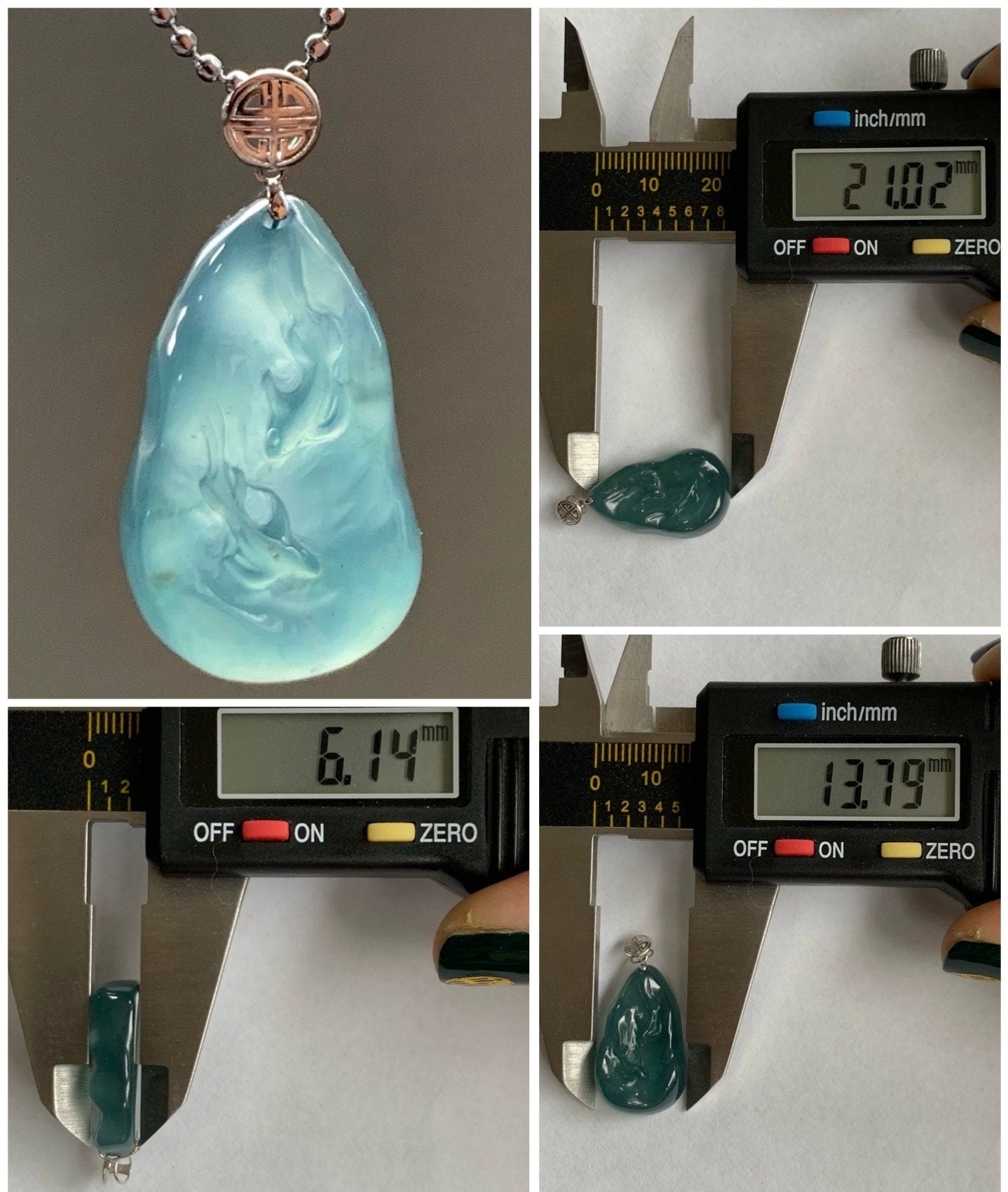 Natural Guatemalan Premium Icy Highly Translucent Gelatinous Blue Jadeite Carved Double Fish Pendant 18K White Gold Bail 天然冰胶危蓝水翡翠双鱼镶嵌吊坠