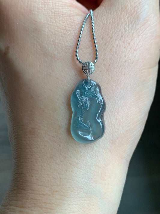 Natural Guatemalan Premium Icy Highly Translucent Gelatinous Blue Jadeite Carved Fish Pendant 18K White Gold Bail 天然冰胶危蓝水翡翠鱼牌镶嵌吊坠