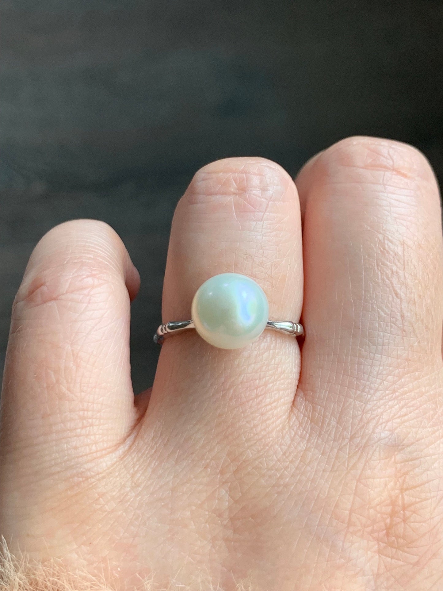 Natural Genuine Freshwater White Round Pearl Solitaire Ring with Bamboo Design Band Sterling Silver Adjustable 9.5mm 天然淡水白色圆珍珠银镶竹节款戒指 BZJ100