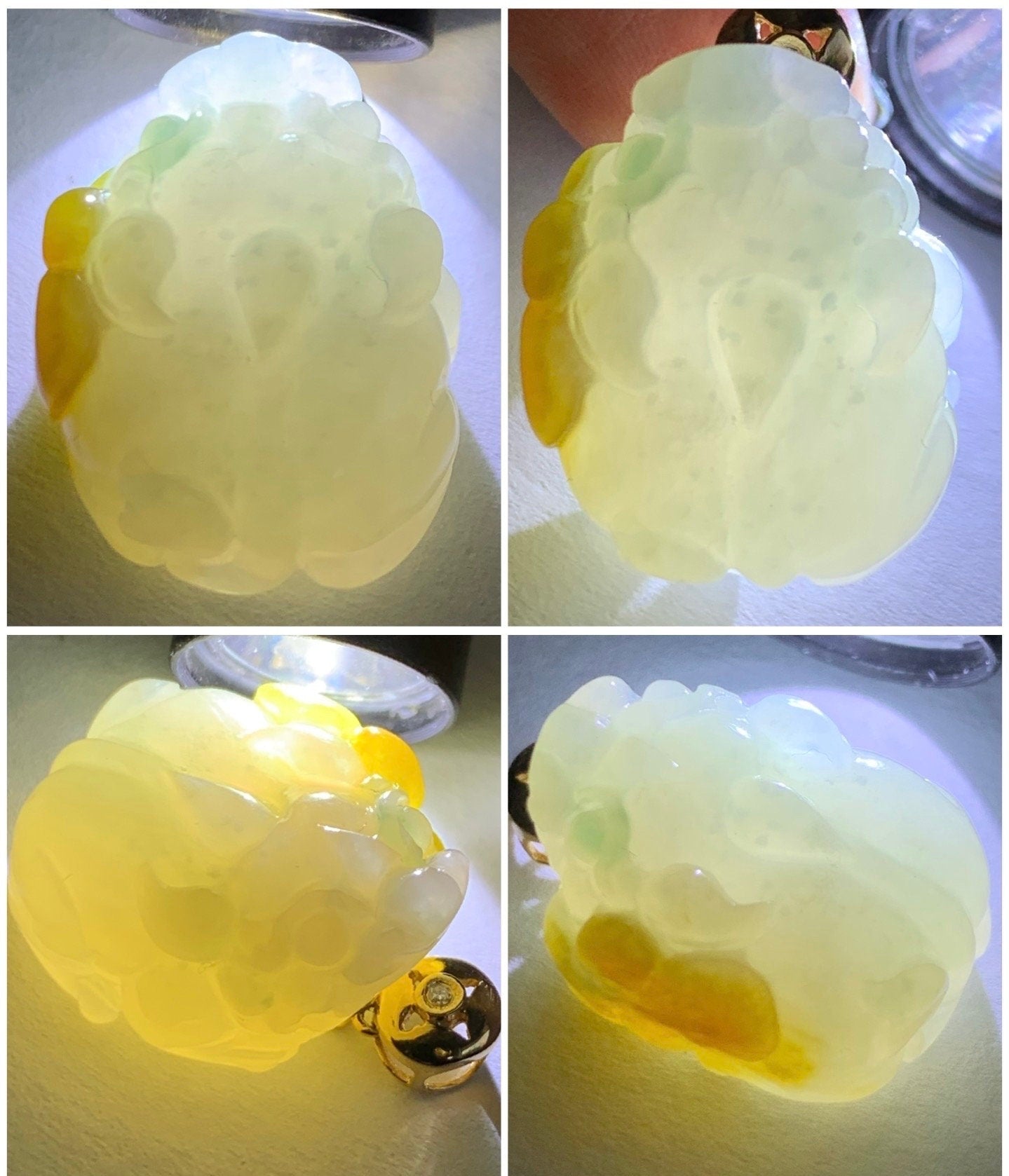 Certified Natural Burmese Muna Icy Translucent Gelatinous Yellow Marbled Jadeite Pixiu Pendant 18K Yellow Gold Diamond 天然缅甸木纳冰胶飘黄翡翠貔貅镶嵌吊坠