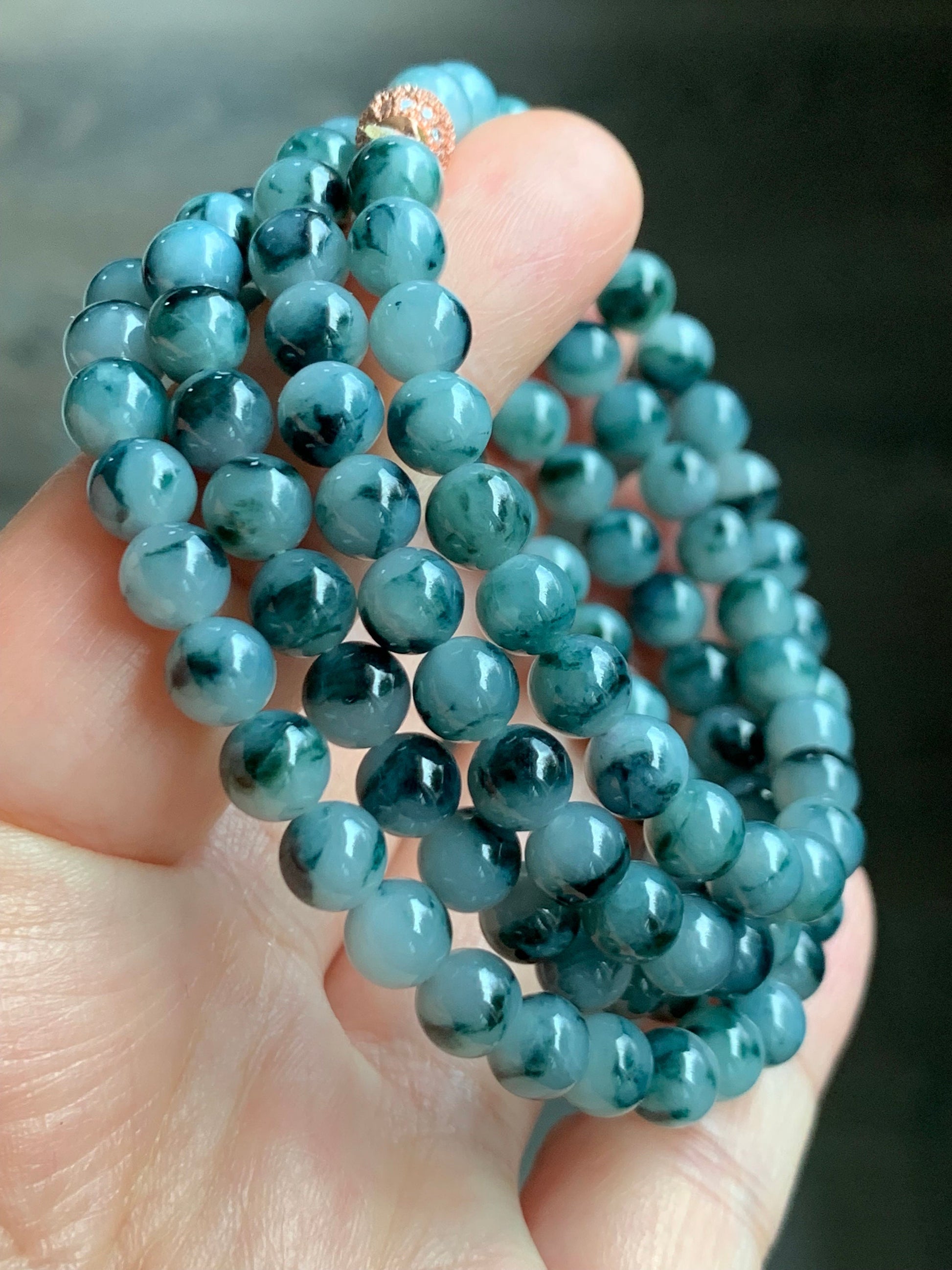 Natural Burmese Icy Translucent Gelatinous Dark Teal Blue Marbled Jadeite Beaded Necklace 6.3mm 25.5” 46g 天然缅甸冰胶飘蓝花翡翠长串项链 YY112