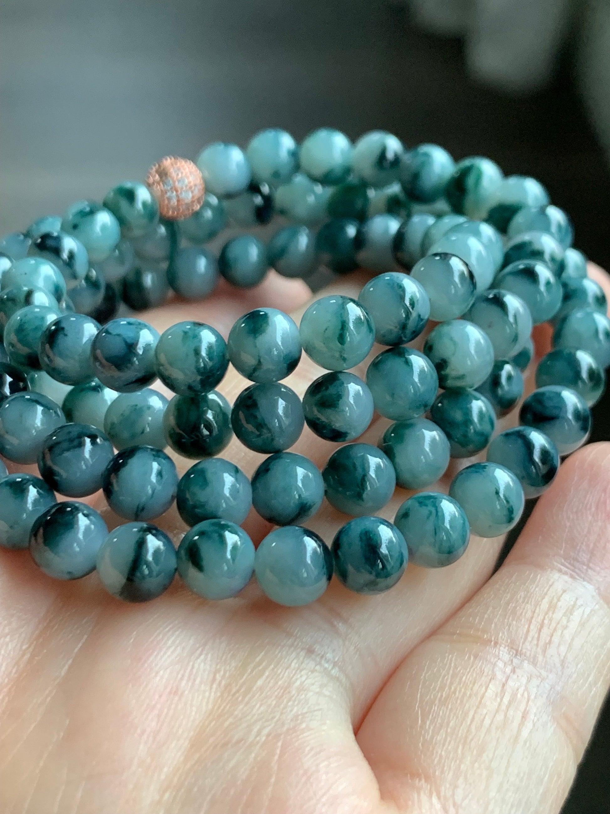 Natural Burmese Icy Translucent Gelatinous Dark Teal Blue Marbled Jadeite Beaded Necklace 6.3mm 25.5” 46g 天然缅甸冰胶飘蓝花翡翠长串项链 YY112