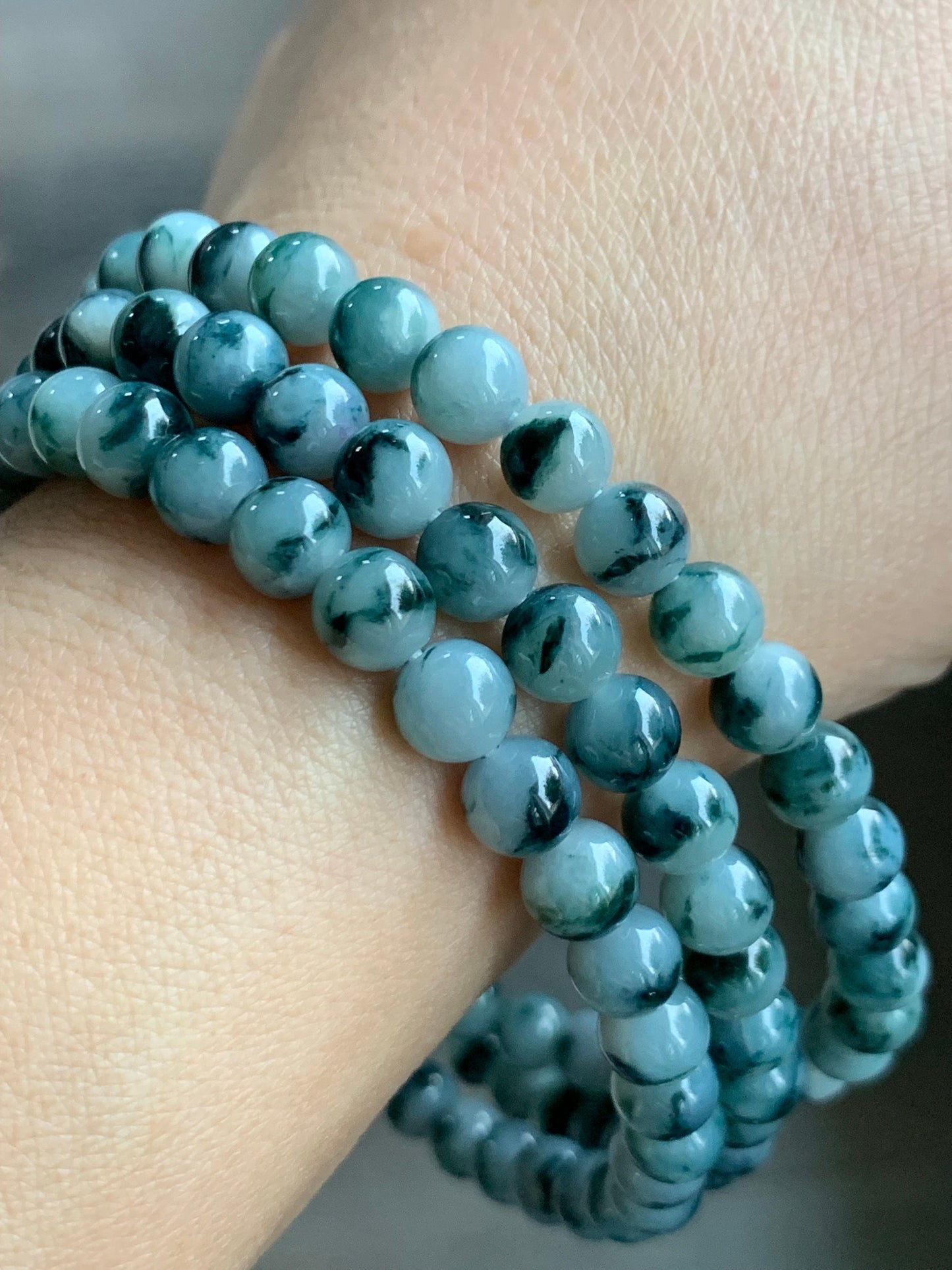 Natural Burmese Icy Translucent Gelatinous Dark Teal Blue Marbled Jadeite Beaded Necklace 6.3mm 25.5” 46g 天然缅甸冰胶飘蓝花翡翠长串项链 YY112
