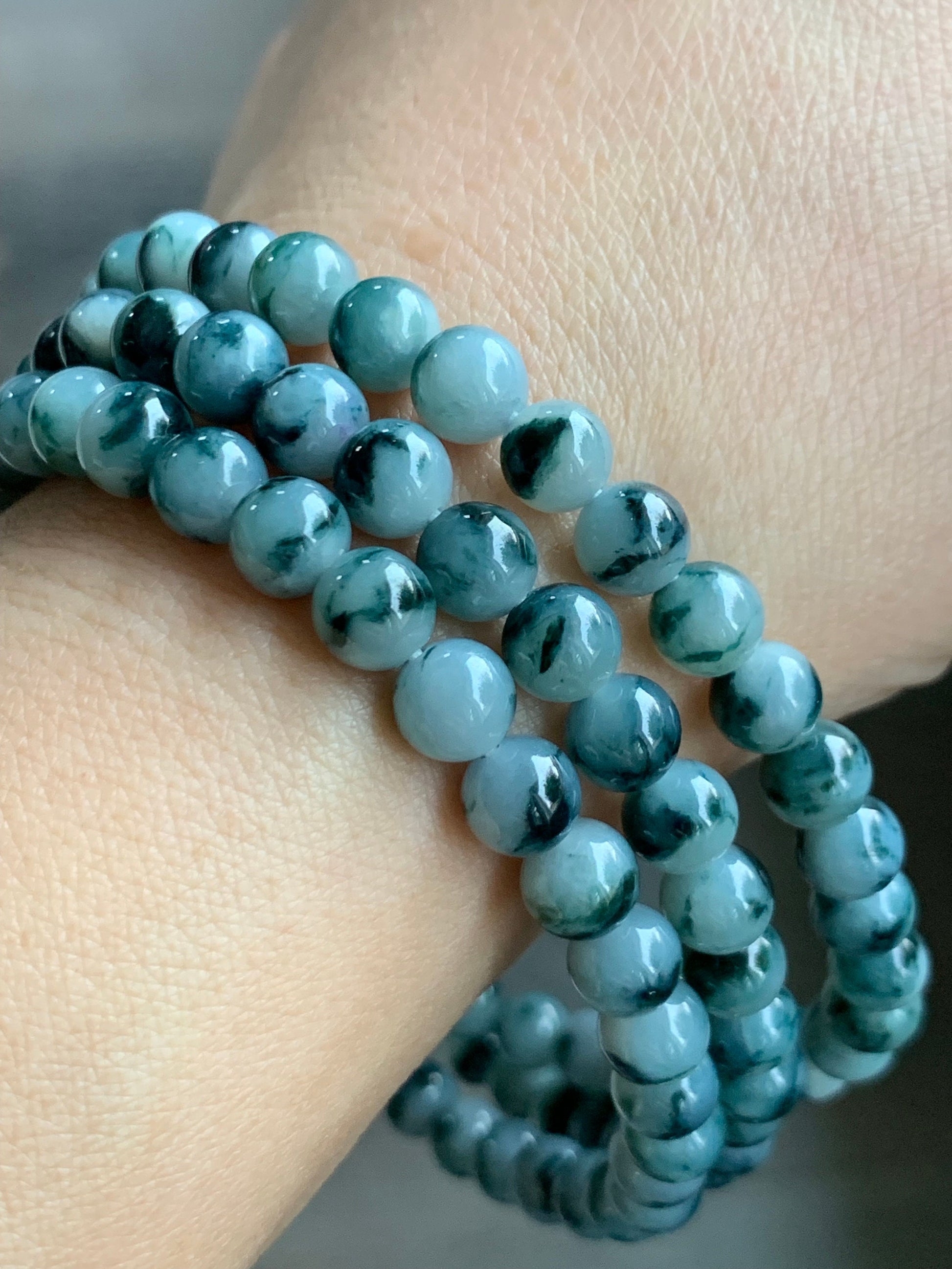 Natural Burmese Icy Translucent Gelatinous Dark Teal Blue Marbled Jadeite Beaded Necklace 6.3mm 25.5” 46g 天然缅甸冰胶飘蓝花翡翠长串项链 YY112