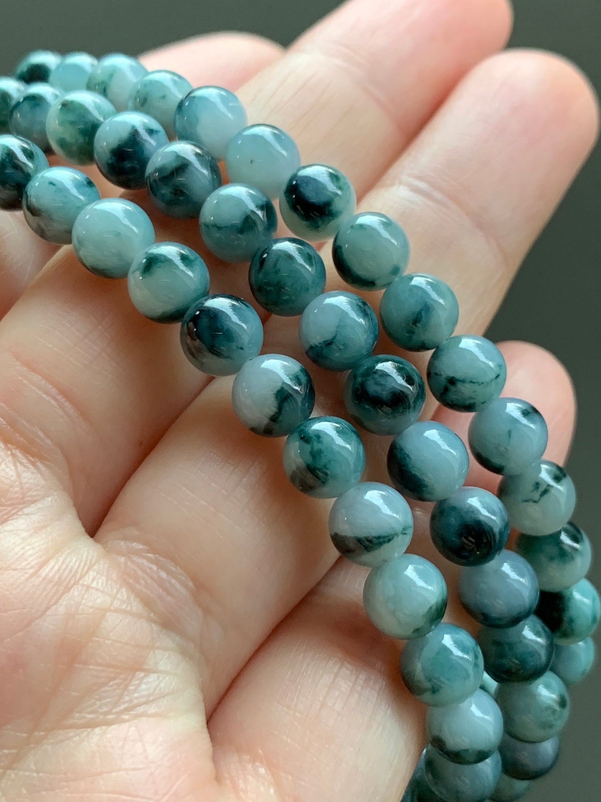 Natural Burmese Icy Translucent Gelatinous Dark Teal Blue Marbled Jadeite Beaded Necklace 6.3mm 25.5” 46g 天然缅甸冰胶飘蓝花翡翠长串项链 YY112