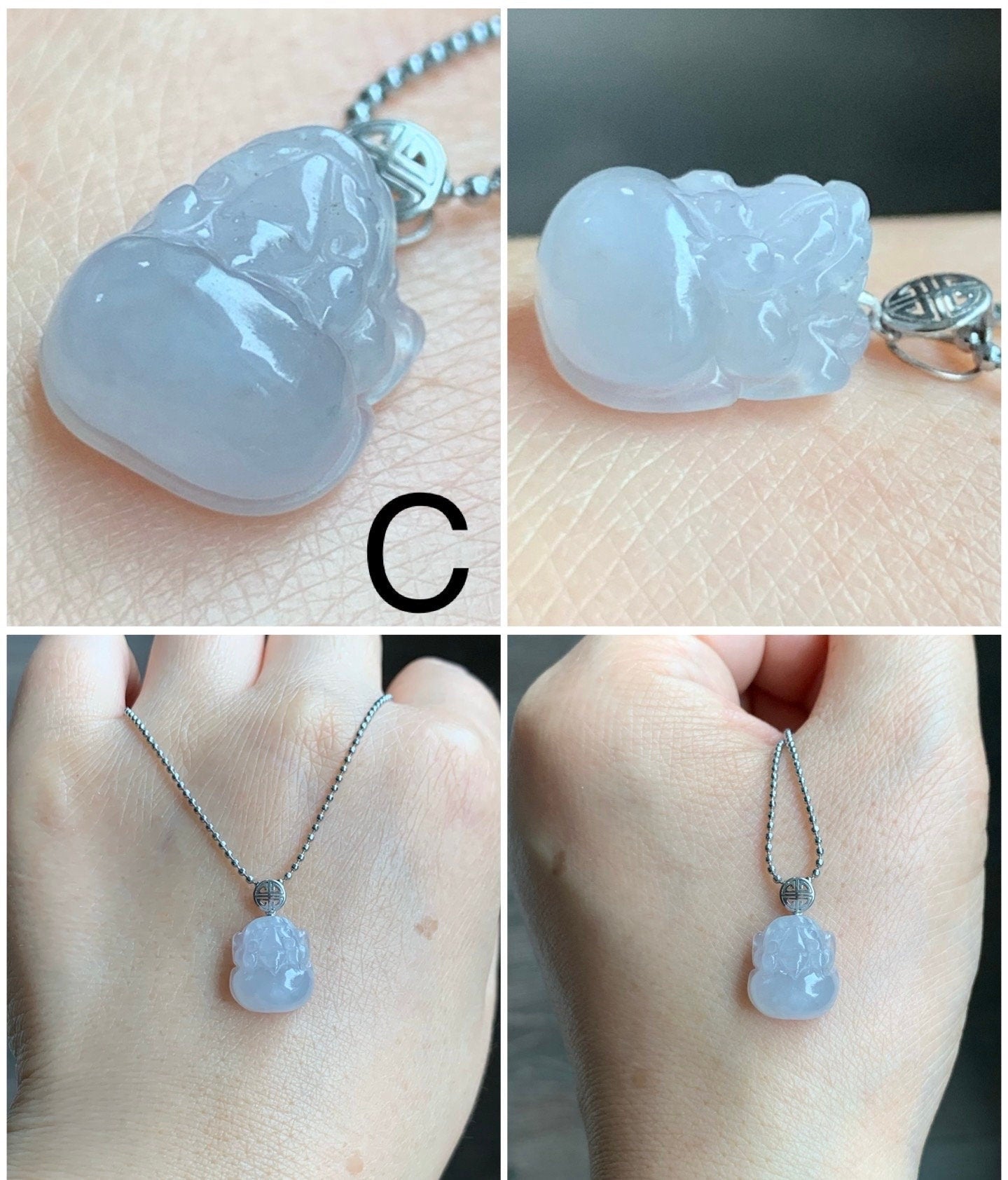 PETITE Natural Burmese Icy Translucent Gelatinous White Jadeite Purple Undertone Pixiu Pendant 18K White Gold 天然缅甸冰胶白翡翠紫底貔貅吊坠