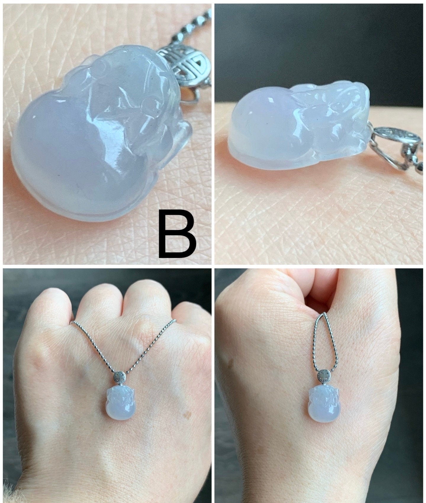 PETITE Natural Burmese Icy Translucent Gelatinous White Jadeite Purple Undertone Pixiu Pendant 18K White Gold 天然缅甸冰胶白翡翠紫底貔貅吊坠