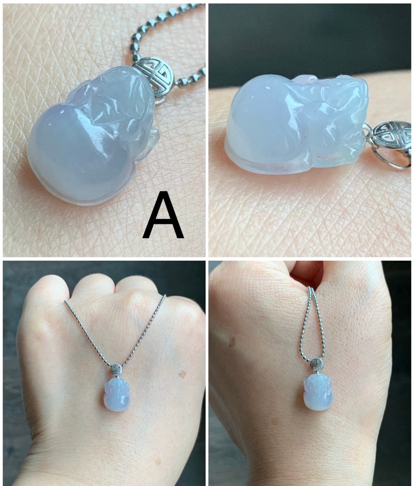 PETITE Natural Burmese Icy Translucent Gelatinous White Jadeite Purple Undertone Pixiu Pendant 18K White Gold 天然缅甸冰胶白翡翠紫底貔貅吊坠