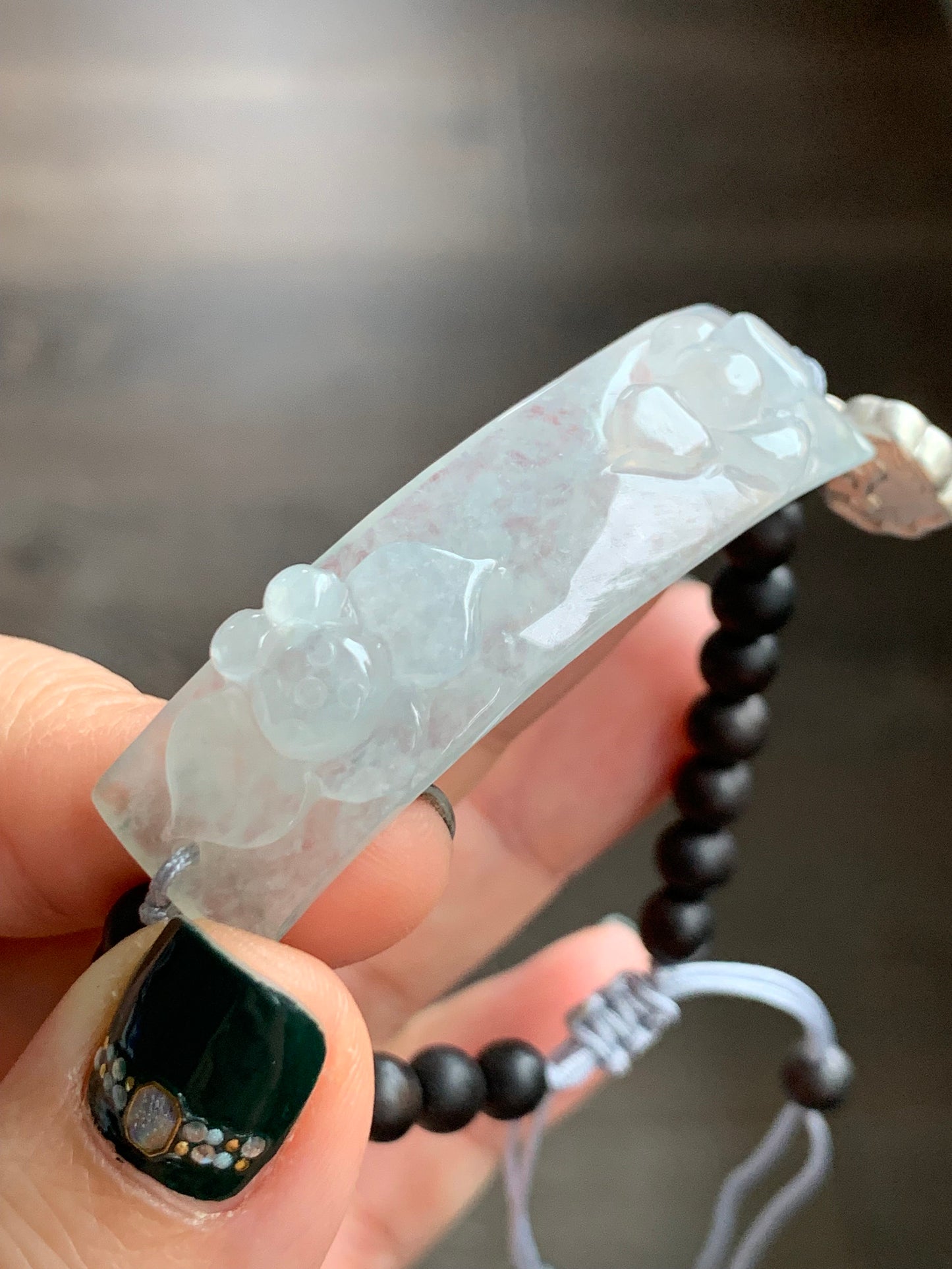 Certified Natural Burmese Icy Highly Translucent Jadeite Lotus Flower Black Agarwood Beaded Bracelet 6.5”-8” 天然缅甸冰胶白冰翡翠莲花手牌沉香木珠手串 0910