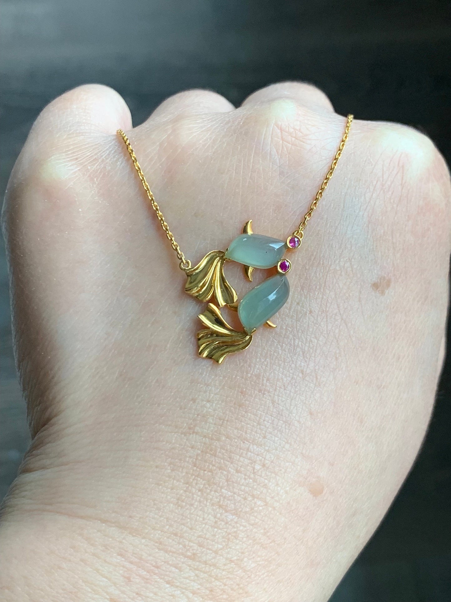 Certified Natural Burmese Highly Translucent Light Green Jadeite Double Fish Necklace 18K Yellow Gold & Ruby 天然缅甸正冰起晴底翡翠双鱼镶嵌锁骨链