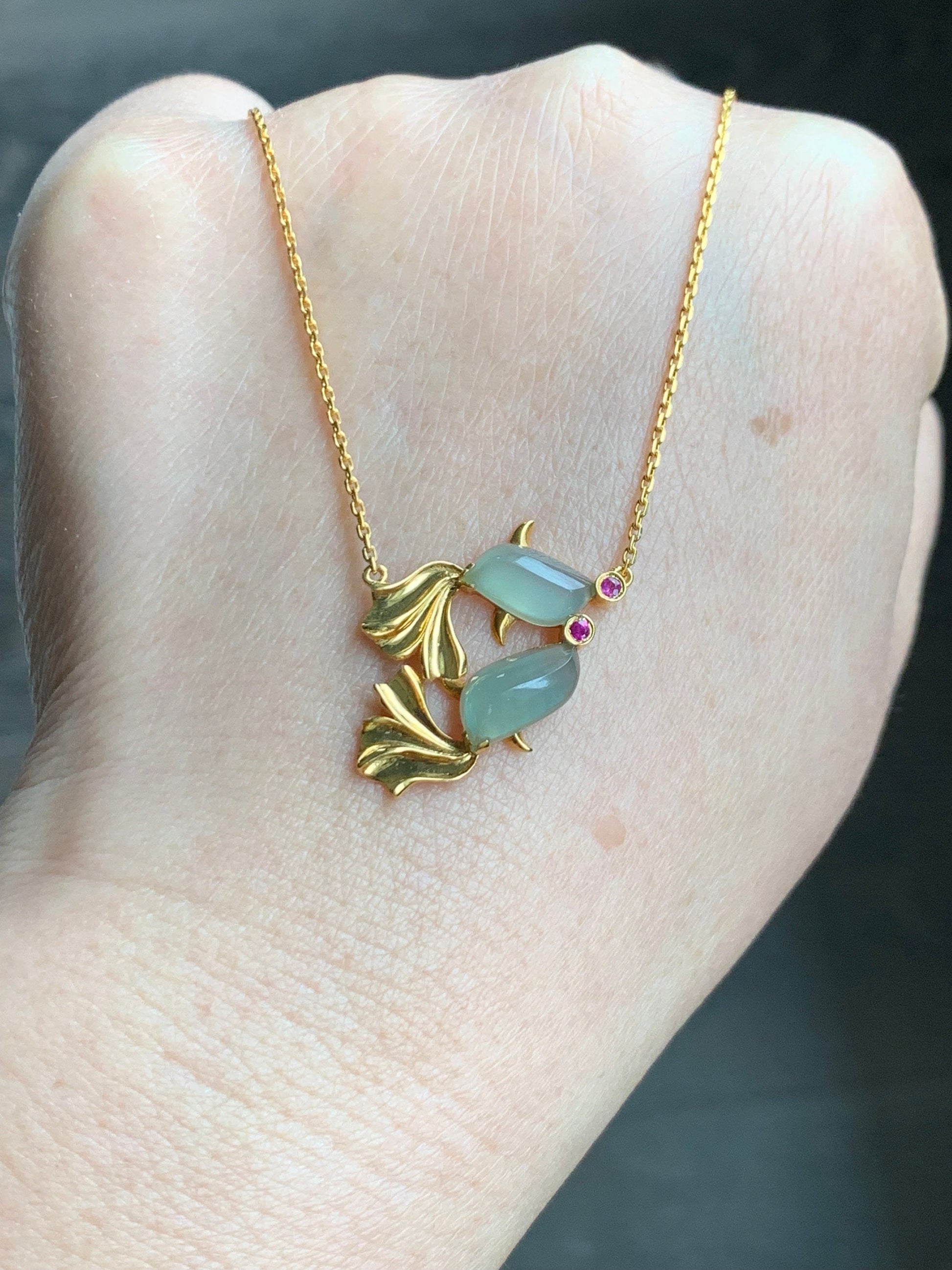 Certified Natural Burmese Highly Translucent Light Green Jadeite Double Fish Necklace 18K Yellow Gold & Ruby 天然缅甸正冰起晴底翡翠双鱼镶嵌锁骨链