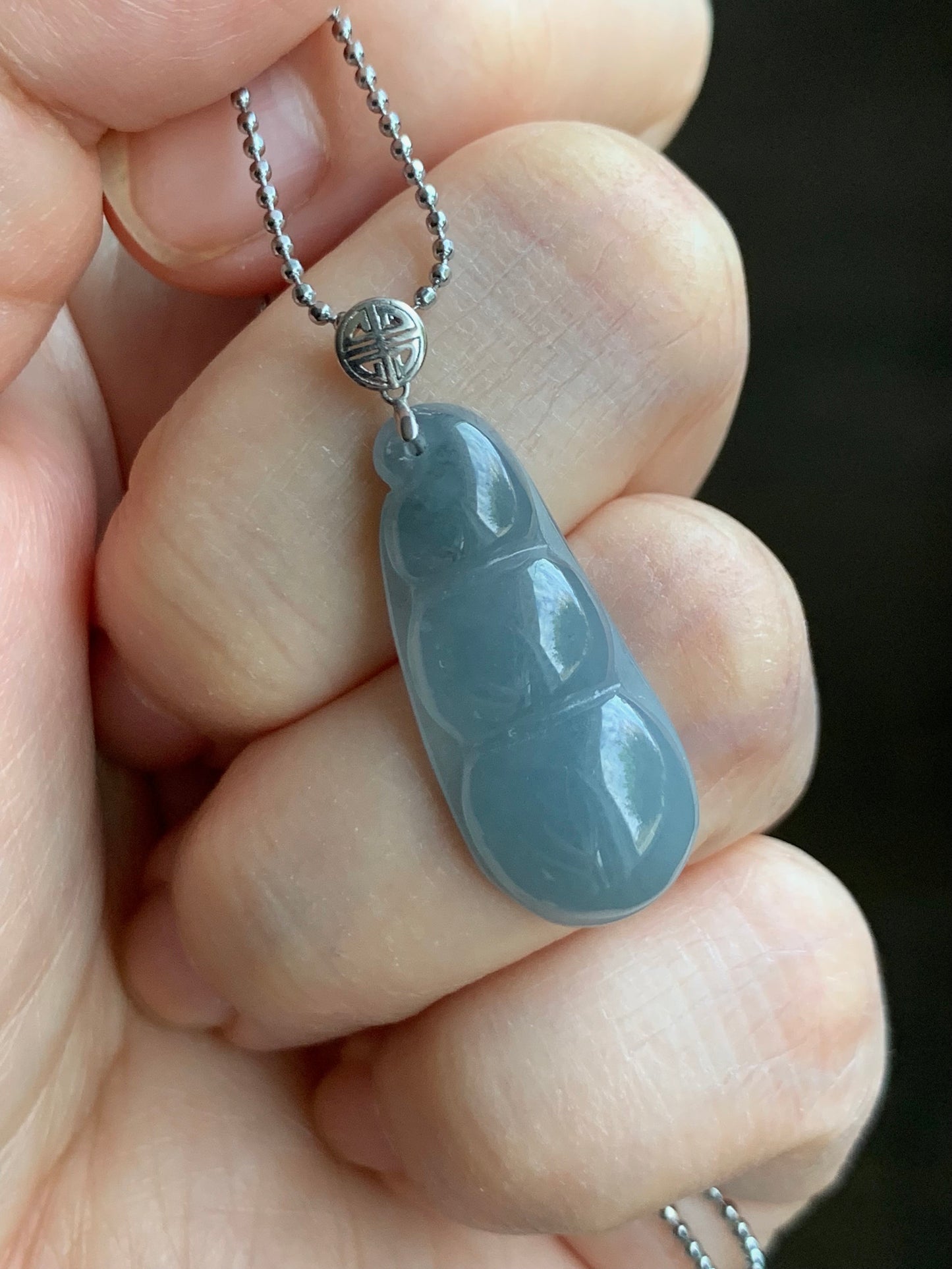 Natural Guatemalan Icy Translucent Light Dusty Blue Jadeite Peapod Pendant 18K White Gold 天然冰危蓝翡翠福豆吊坠 BTH113 B