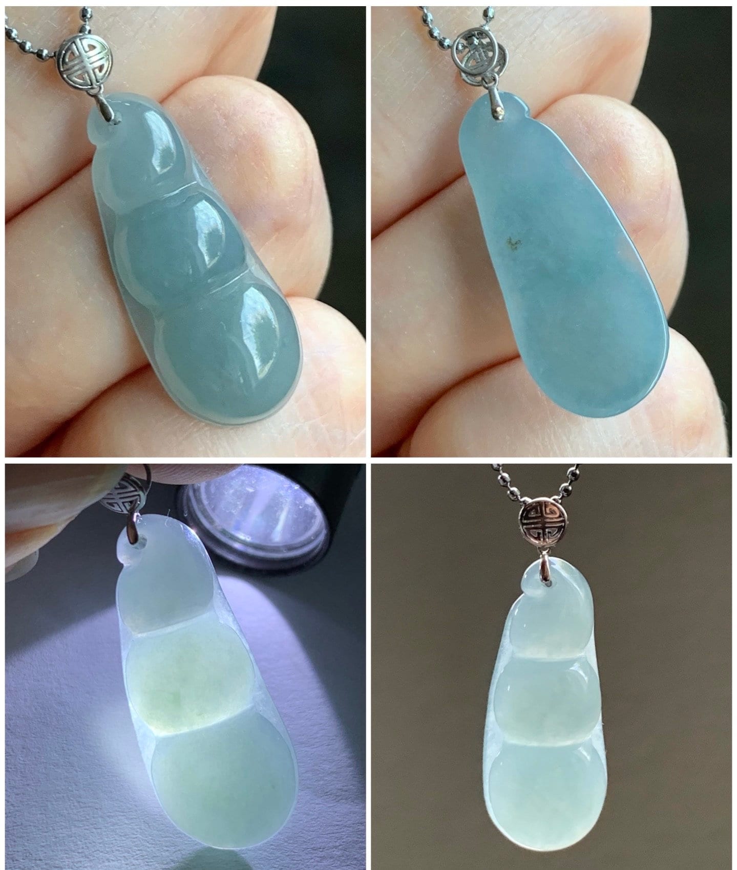 Natural Guatemalan Icy Translucent Light Dusty Blue Jadeite Peapod Pendant 18K White Gold 天然冰危蓝翡翠福豆吊坠 BTH113 A