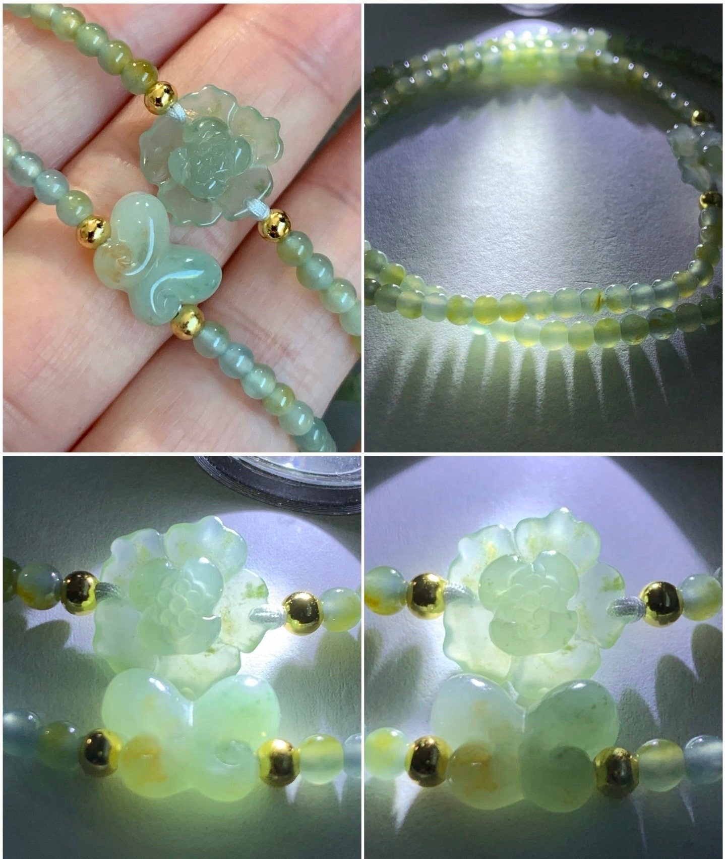 Natural Guatemalan Icy Light Blue Yellow Marbled Jadeite Lotus Flower & Butterfly Double Strand Bracelet Sterling Silver 天然冰危蓝黄翡翠莲花蝴蝶双圈手串