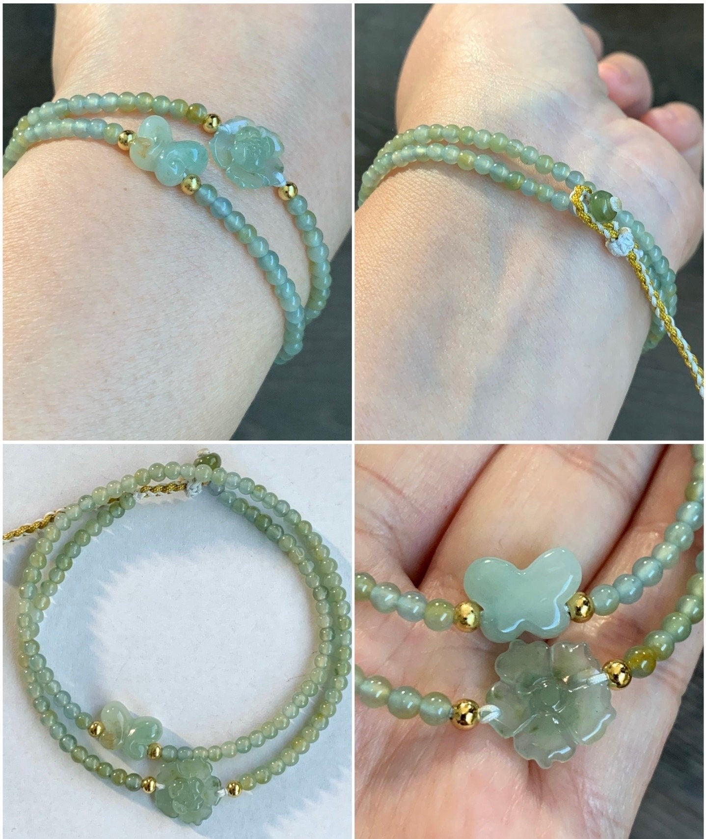 Natural Guatemalan Icy Light Blue Yellow Marbled Jadeite Lotus Flower & Butterfly Double Strand Bracelet Sterling Silver 天然冰危蓝黄翡翠莲花蝴蝶双圈手串