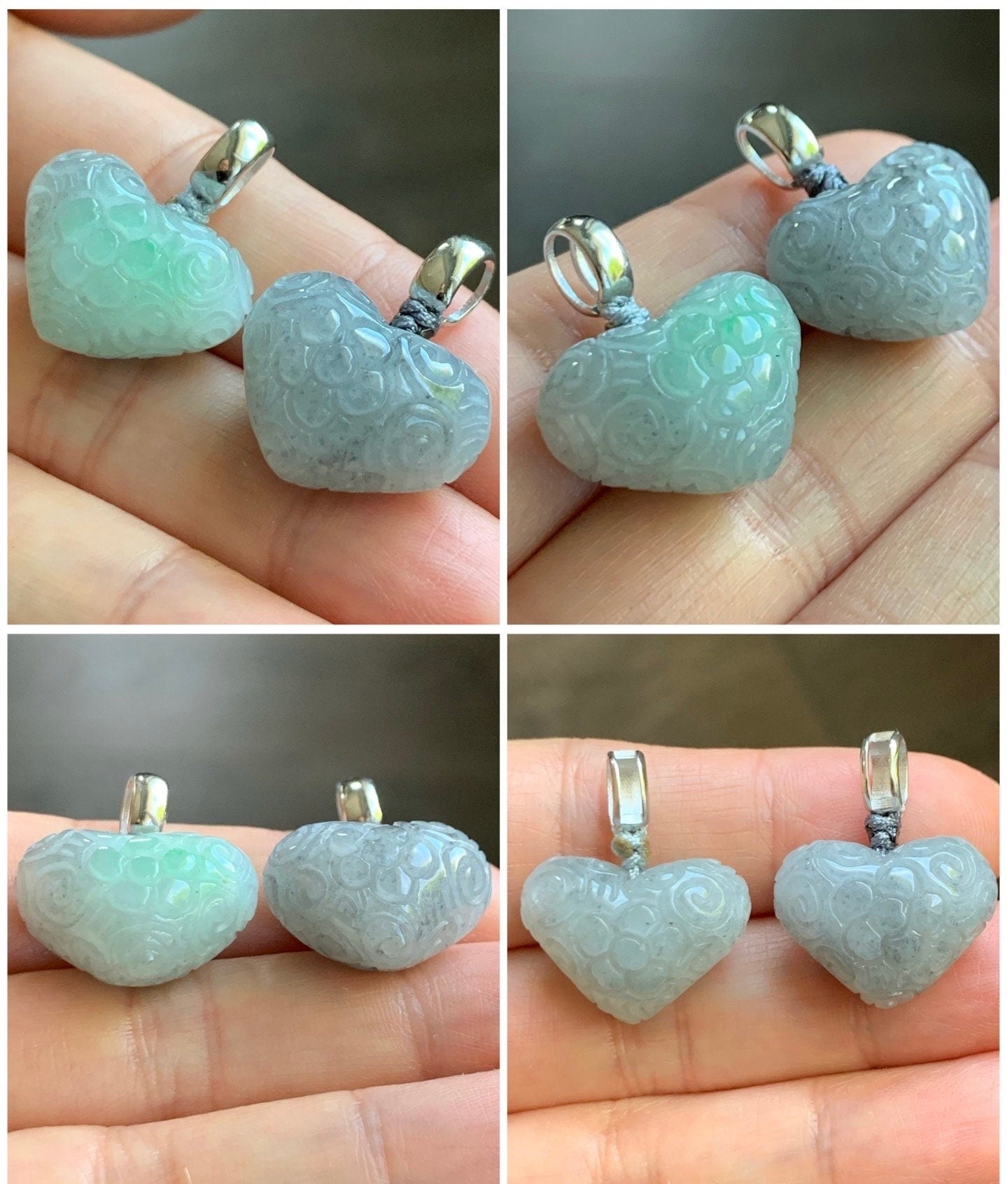 Natural Burmese Icy Translucent Gelatinous Wuji Marbled Jadeite Retro Engraved Heart Pendant S925 Sterling Silver Pendant 天然缅甸冰胶乌鸡翡翠仿古雕爱心吊坠