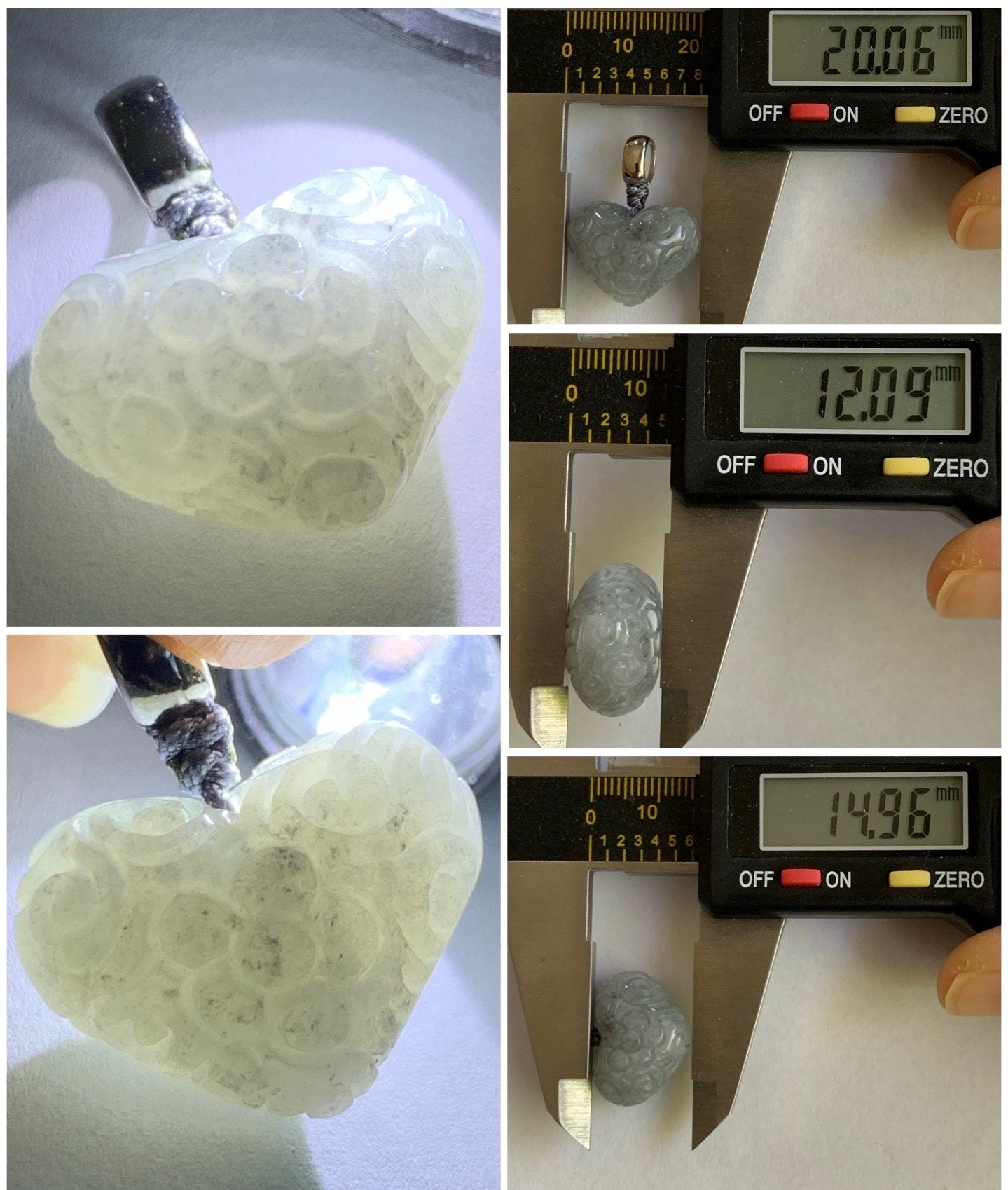 Natural Burmese Icy Translucent Gelatinous Wuji Marbled Jadeite Retro Engraved Heart Pendant S925 Sterling Silver Pendant 天然缅甸冰胶乌鸡翡翠仿古雕爱心吊坠