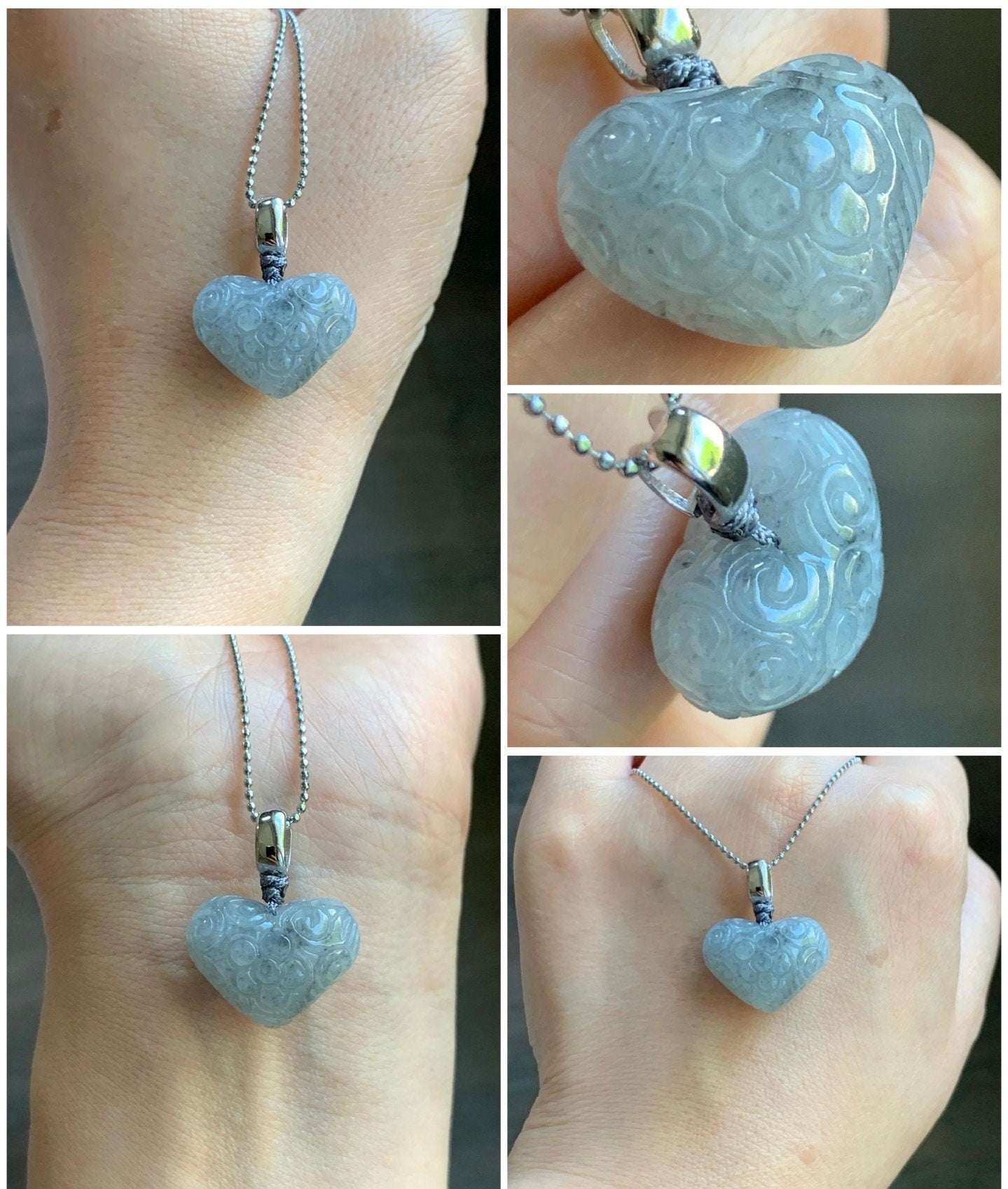Natural Burmese Icy Translucent Gelatinous Wuji Marbled Jadeite Retro Engraved Heart Pendant S925 Sterling Silver Pendant 天然缅甸冰胶乌鸡翡翠仿古雕爱心吊坠
